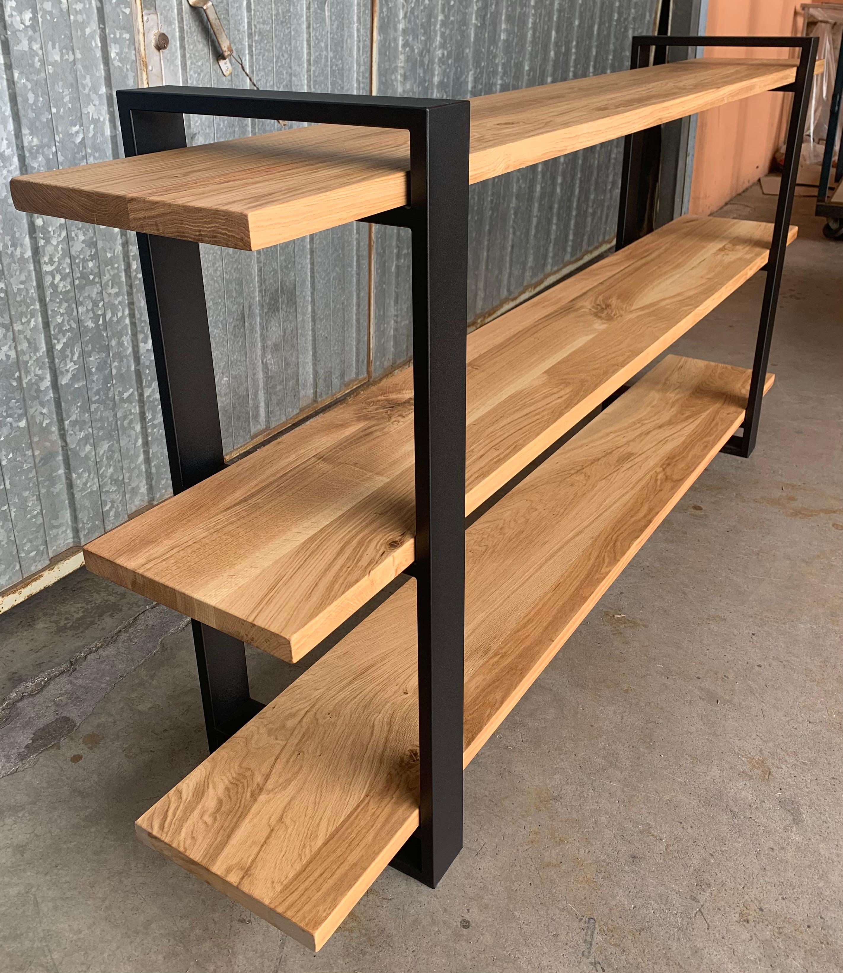 New Custom Etagere with Three Oak Shelves and Iron Structure In New Condition For Sale In Miami, FL