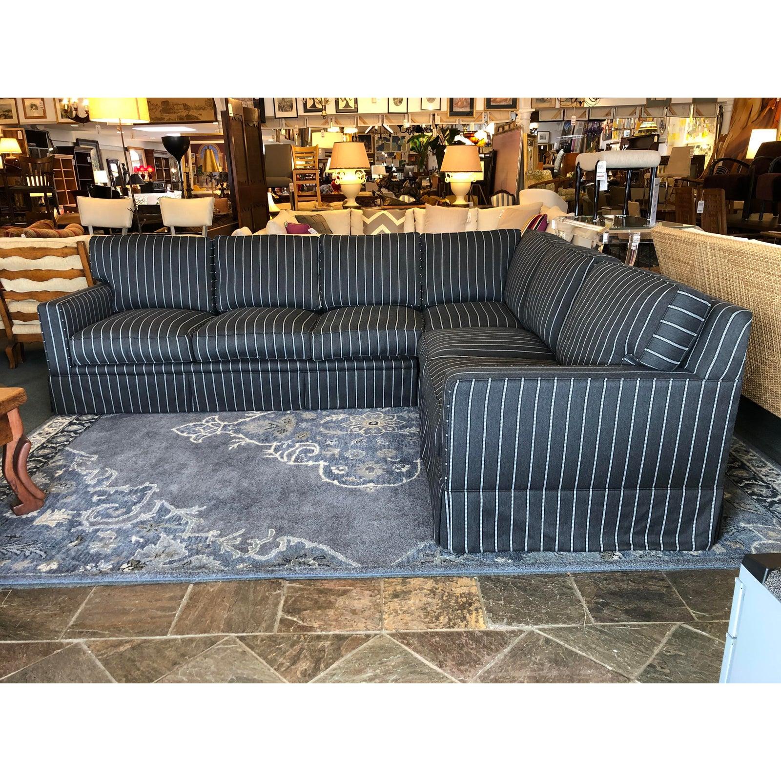 The Jasper sectional by California Sofa. Custom designed and built, the comfortable seating is upholstered in high grade Fabricut durable fabric, pier stripe black rock by Kendall Wilkenson. The two sections sport crisp white stripes against gray