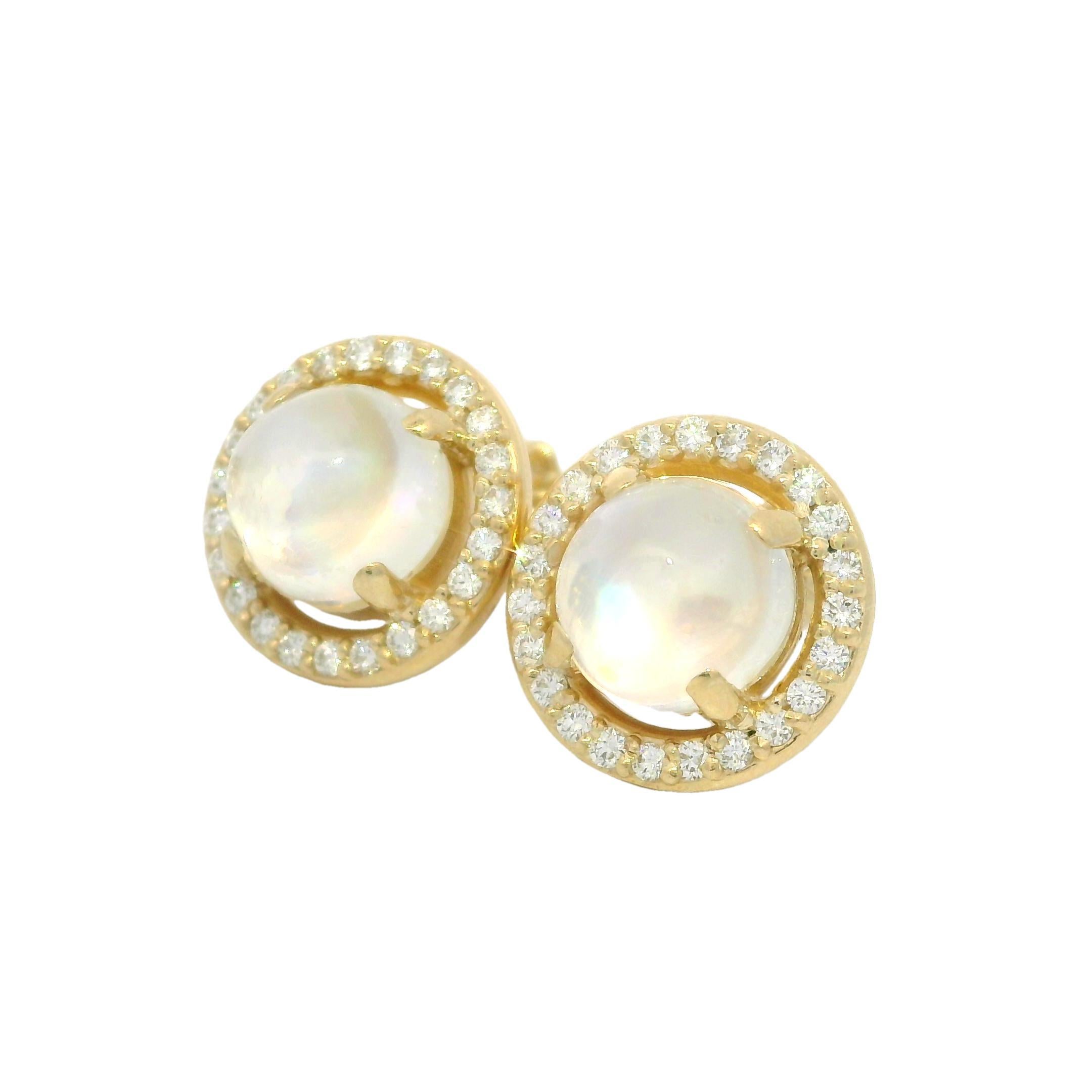 NEW Custom Made 14k Yellow Gold Round Blue Moonstone Diamond Halo Stud Earrings For Sale 6