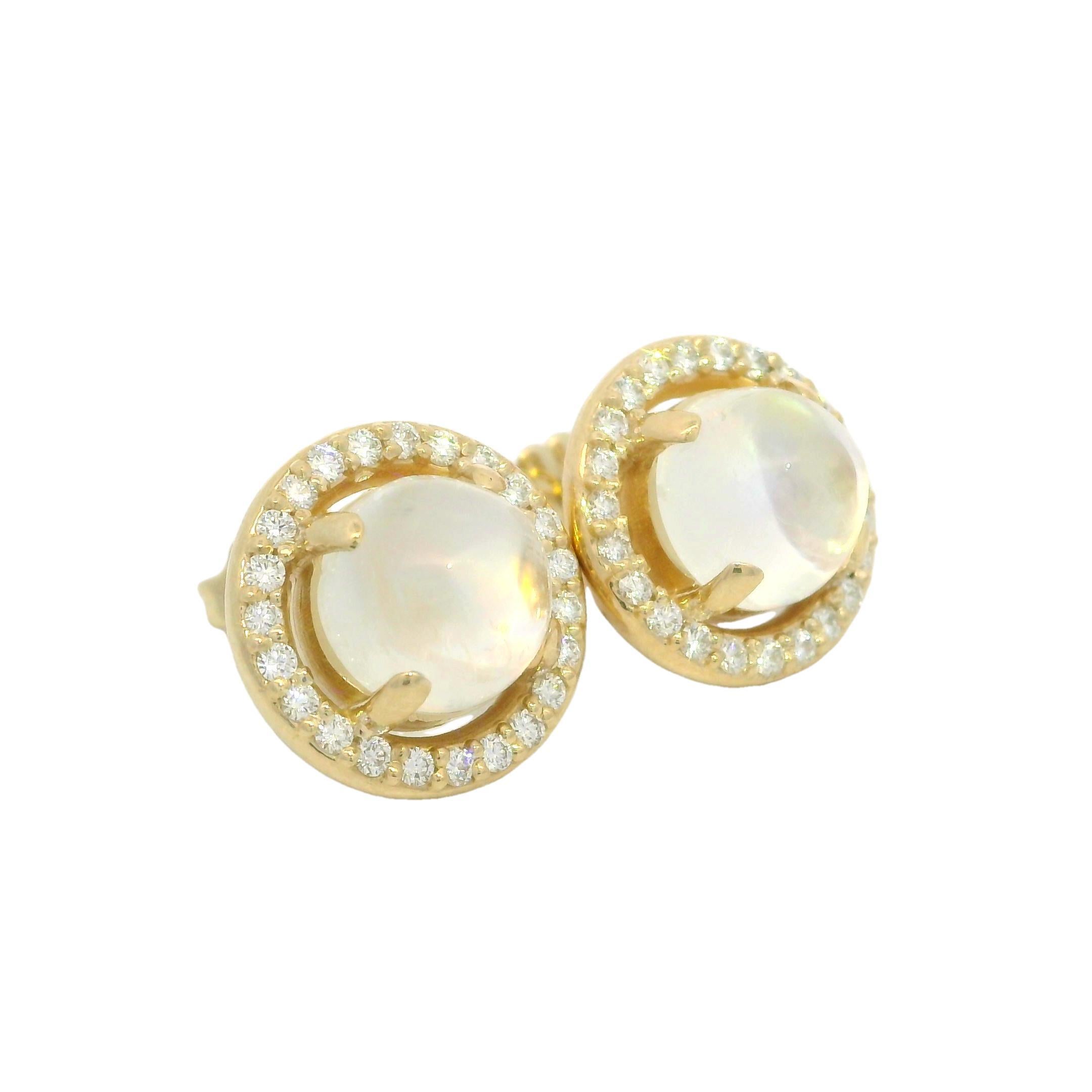NEW Custom Made 14k Yellow Gold Round Blue Moonstone Diamond Halo Stud Earrings For Sale 7