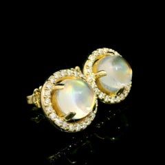 NEW Custom Made 14k Yellow Gold Round Blue Moonstone Diamond Halo Earrings (orecchini a perno con diamante)