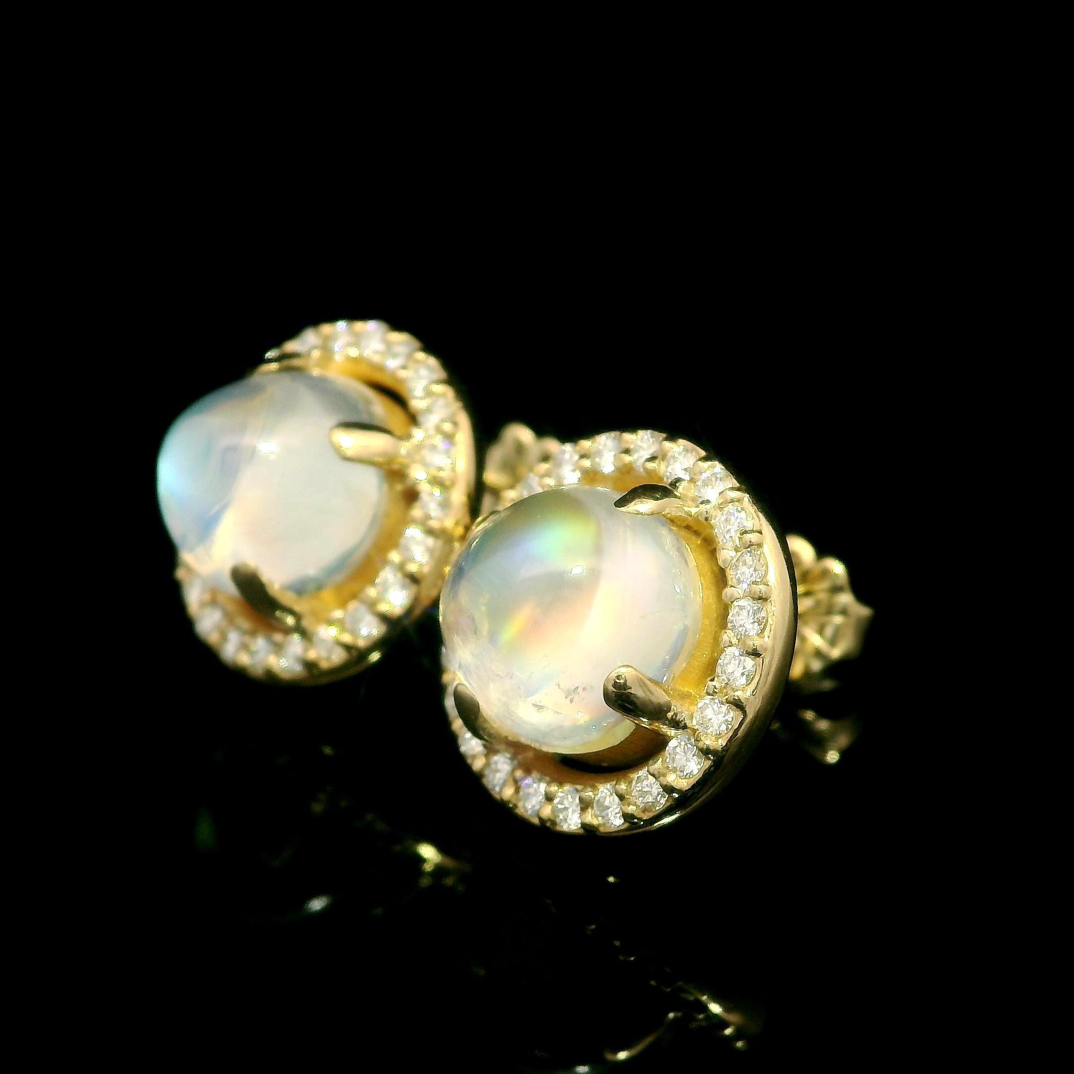 Cabochon NEW Custom Made 14k Yellow Gold Round Blue Moonstone Diamond Halo Stud Earrings For Sale