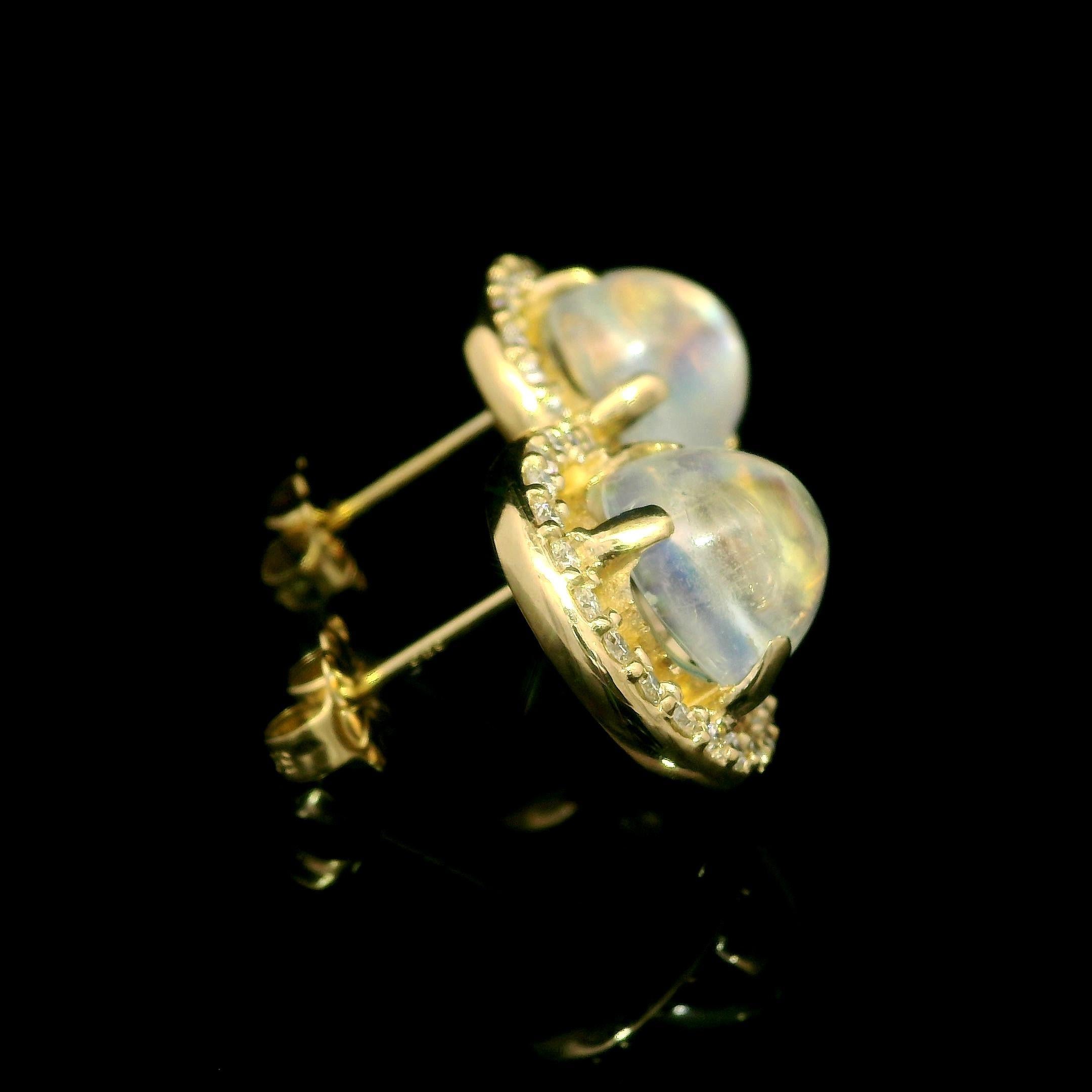 Women's NEW Custom Made 14k Yellow Gold Round Blue Moonstone Diamond Halo Stud Earrings For Sale