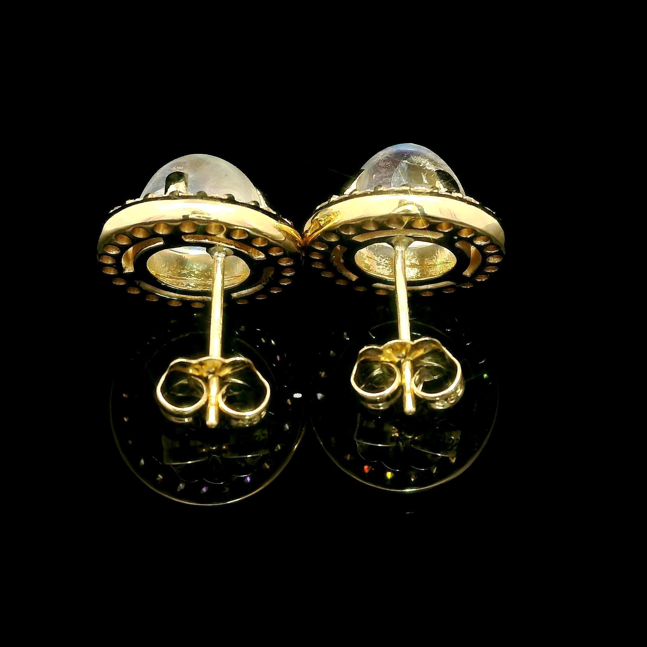 NEW Custom Made 14k Yellow Gold Round Blue Moonstone Diamond Halo Stud Earrings For Sale 1