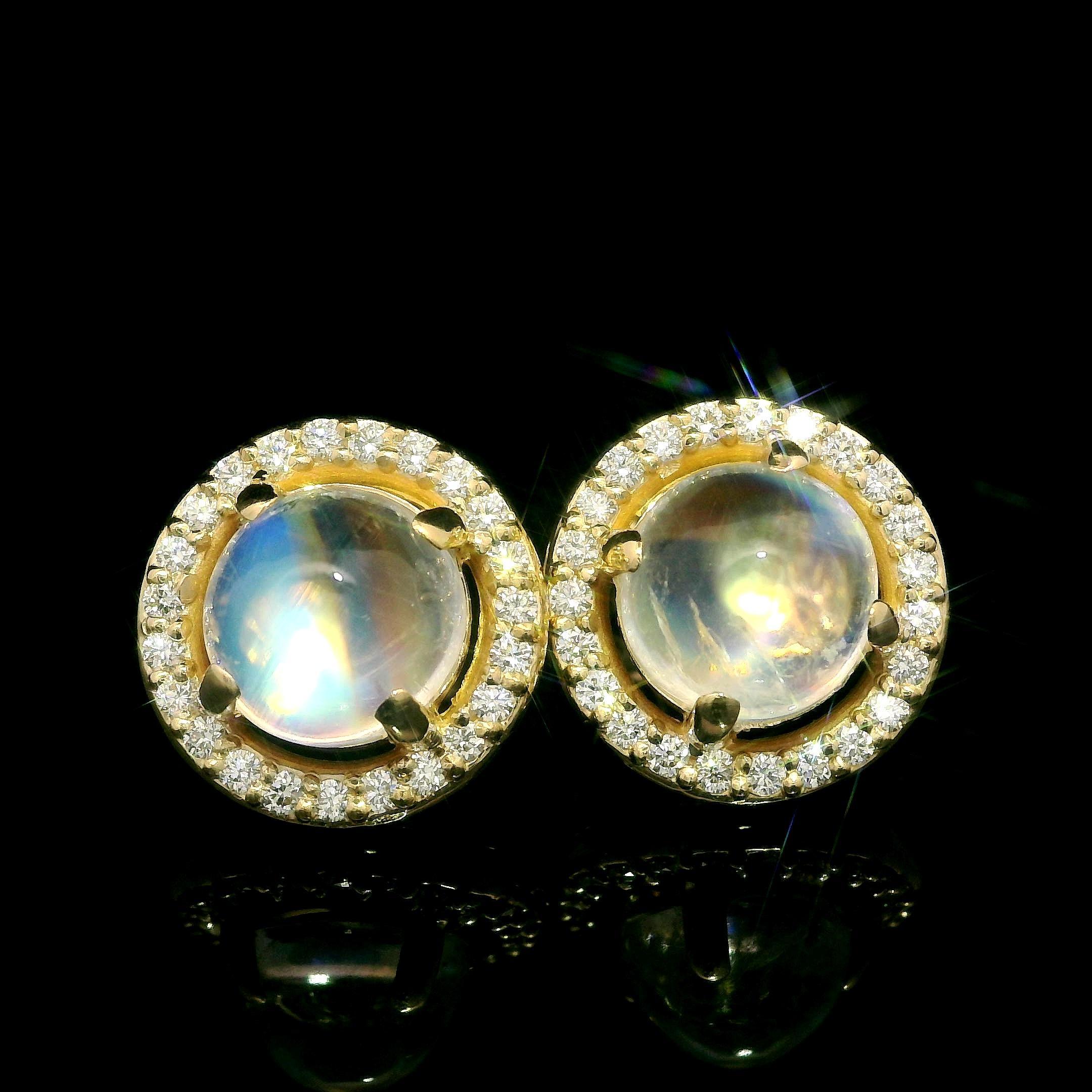 NEW Custom Made 14k Yellow Gold Round Blue Moonstone Diamond Halo Stud Earrings For Sale 4
