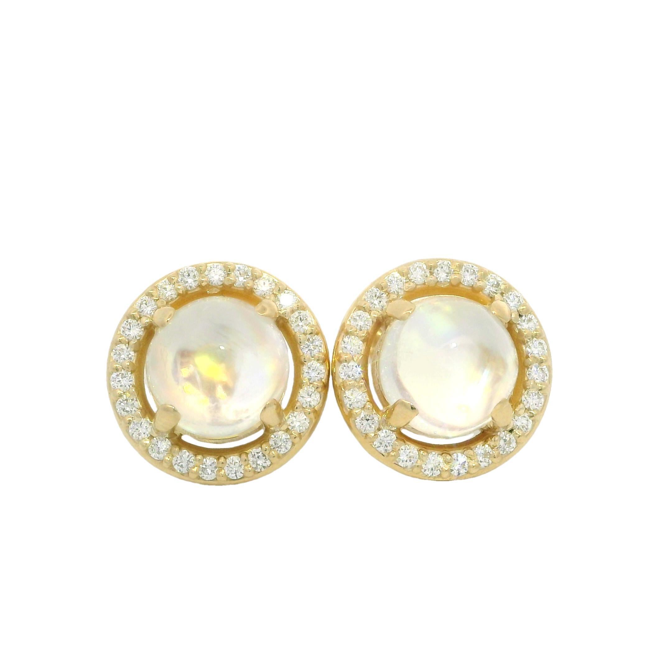 NEW Custom Made 14k Yellow Gold Round Blue Moonstone Diamond Halo Stud Earrings For Sale 5