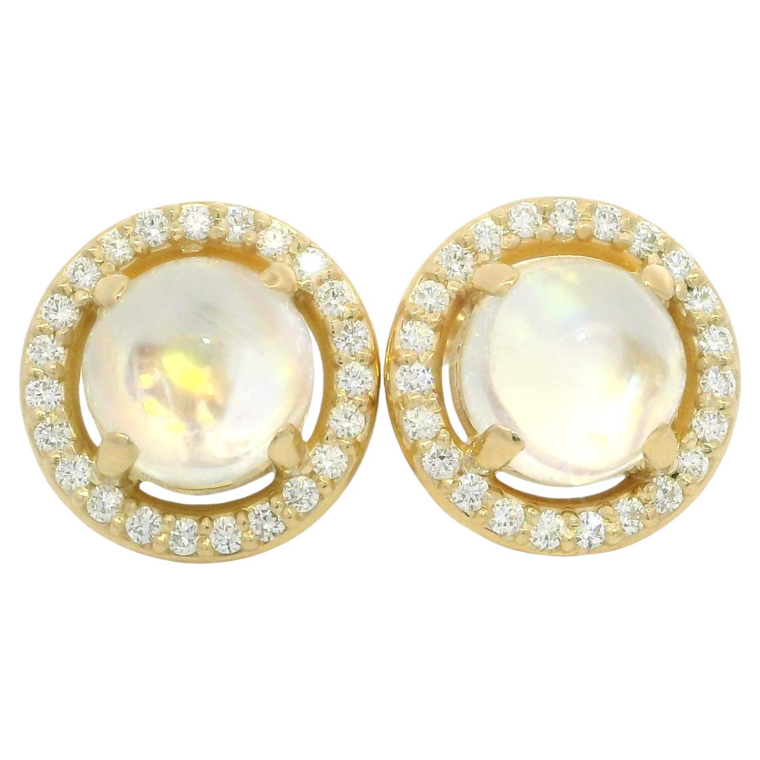 NEW Custom Made 14k Yellow Gold Round Blue Moonstone Diamond Halo Stud Earrings For Sale