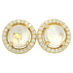 NEW Custom Made 14k Yellow Gold Round Blue Moonstone Diamond Halo Earrings (orecchini a perno con diamante)