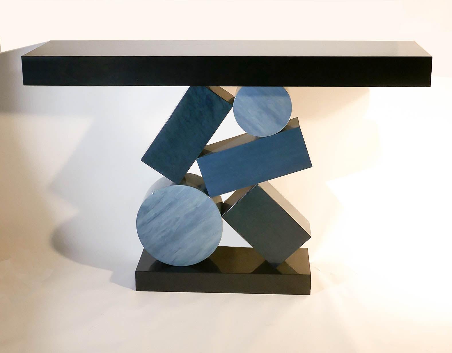 New Custom Made Console in Blue and Black Tinded Marquetry By Aymeric Lefort For Sale 2