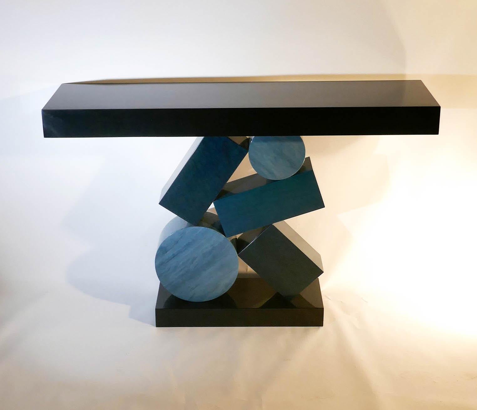 New Custom Made Console in Blue and Black Tinded Marquetry By Aymeric Lefort For Sale 3