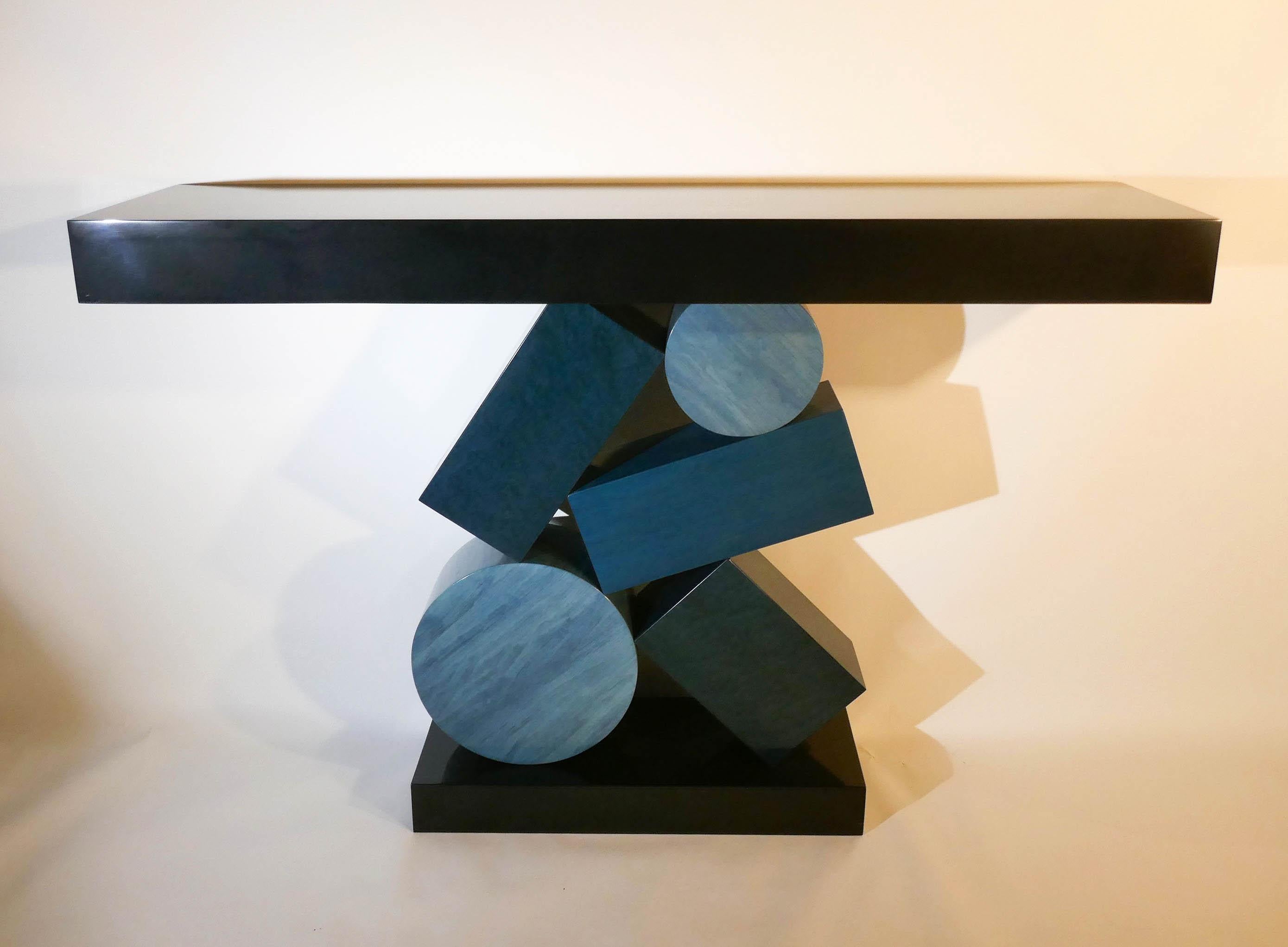 New Custom Made Console in Blue and Black Tinded Marquetry By Aymeric Lefort For Sale 4