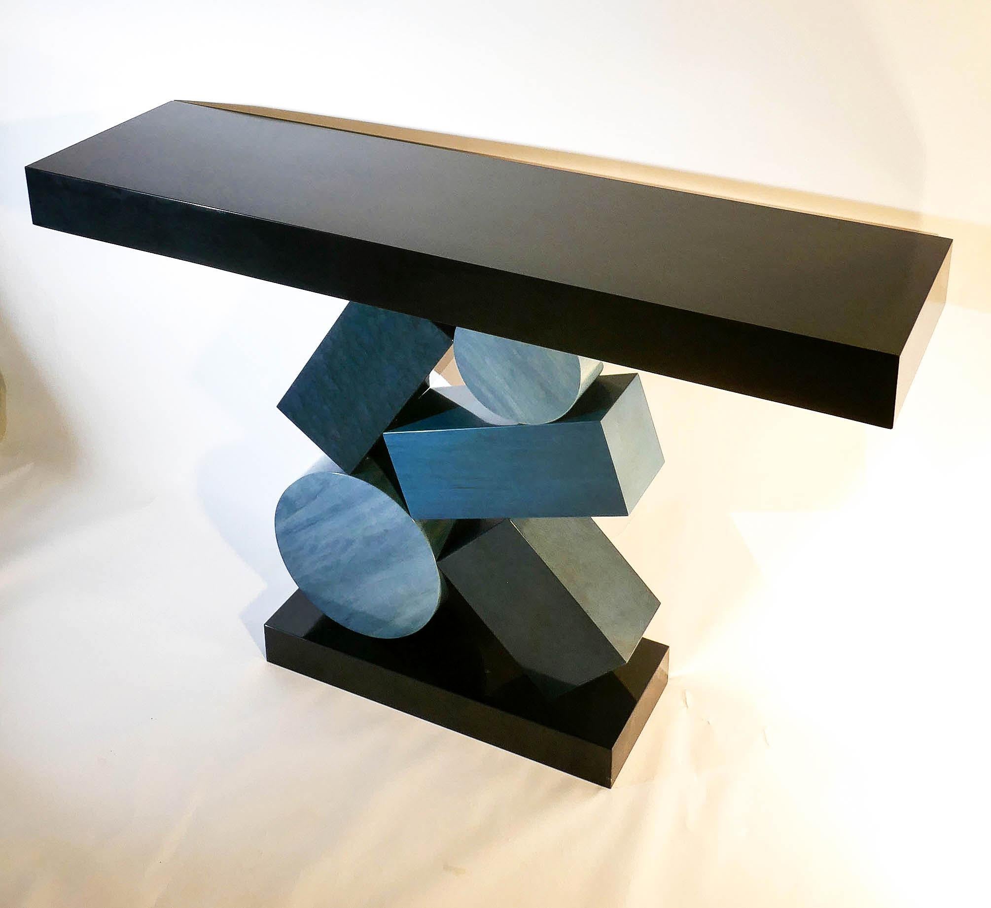 New Custom Made Console in Blue and Black Tinded Marquetry By Aymeric Lefort For Sale 5