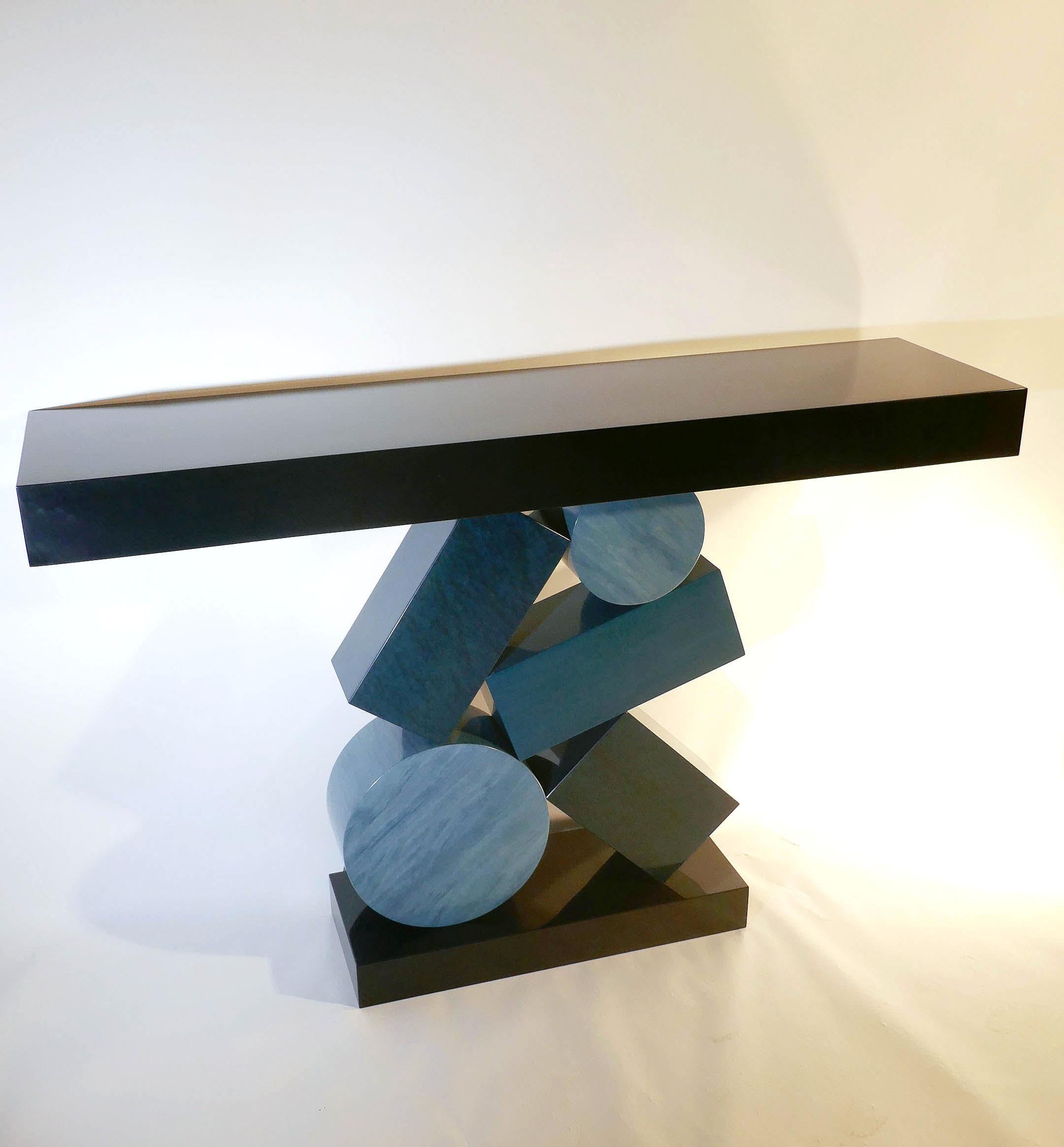 Modern New Custom Made Console in Blue and Black Tinded Marquetry By Aymeric Lefort For Sale