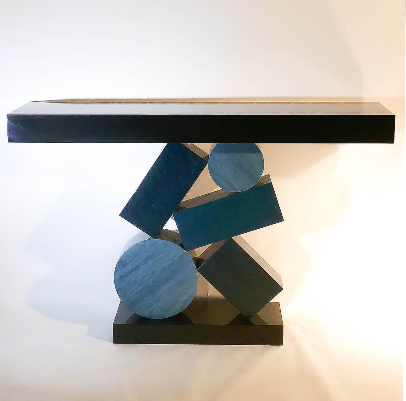 French New Custom Made Console in Blue and Black Tinded Marquetry By Aymeric Lefort For Sale