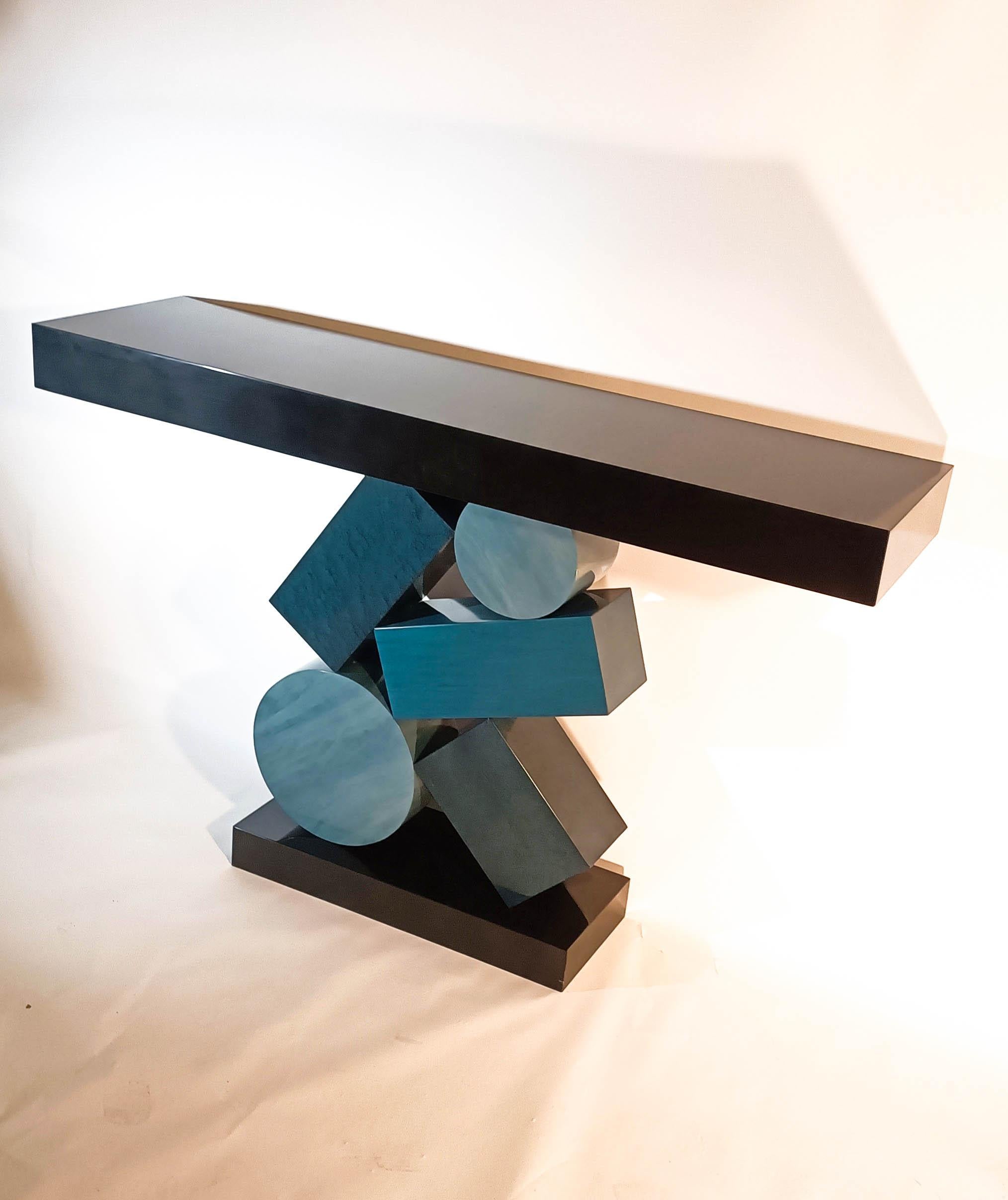 Anodized New Custom Made Console in Blue and Black Tinded Marquetry By Aymeric Lefort For Sale
