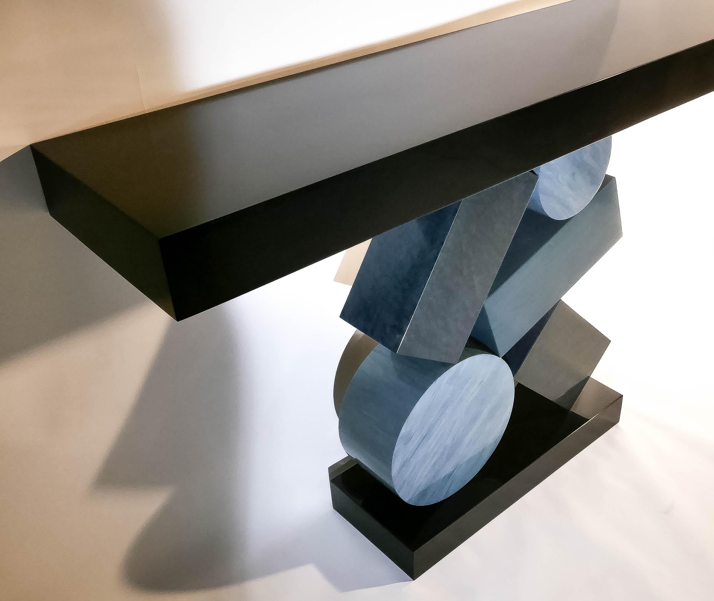 New Custom Made Console in Blue and Black Tinded Marquetry By Aymeric Lefort In New Condition For Sale In SENLIS, OISE