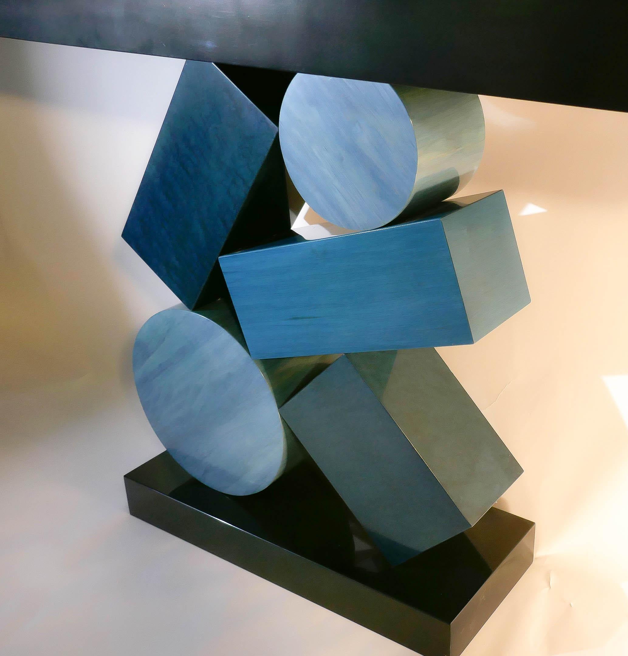 Contemporary New Custom Made Console in Blue and Black Tinded Marquetry By Aymeric Lefort For Sale