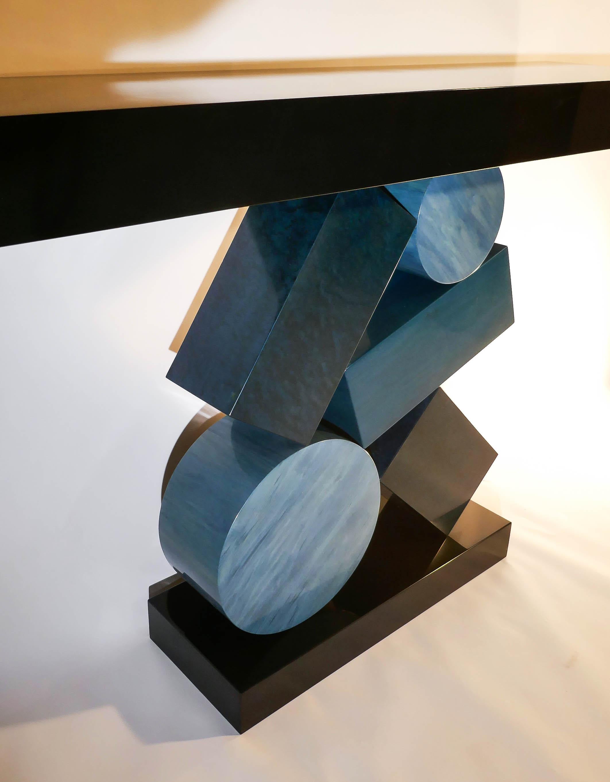 Birdseye Maple New Custom Made Console in Blue and Black Tinded Marquetry By Aymeric Lefort For Sale