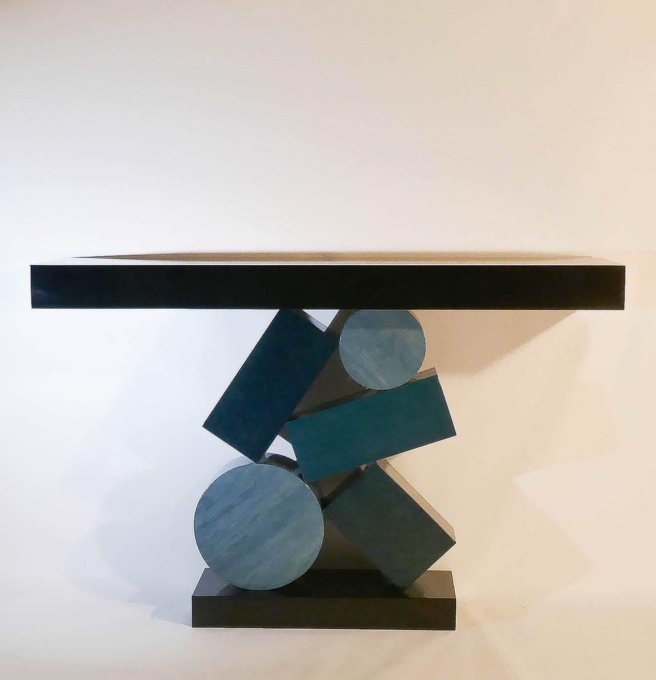 New Custom Made Console in Blue and Black Tinded Marquetry By Aymeric Lefort For Sale 1