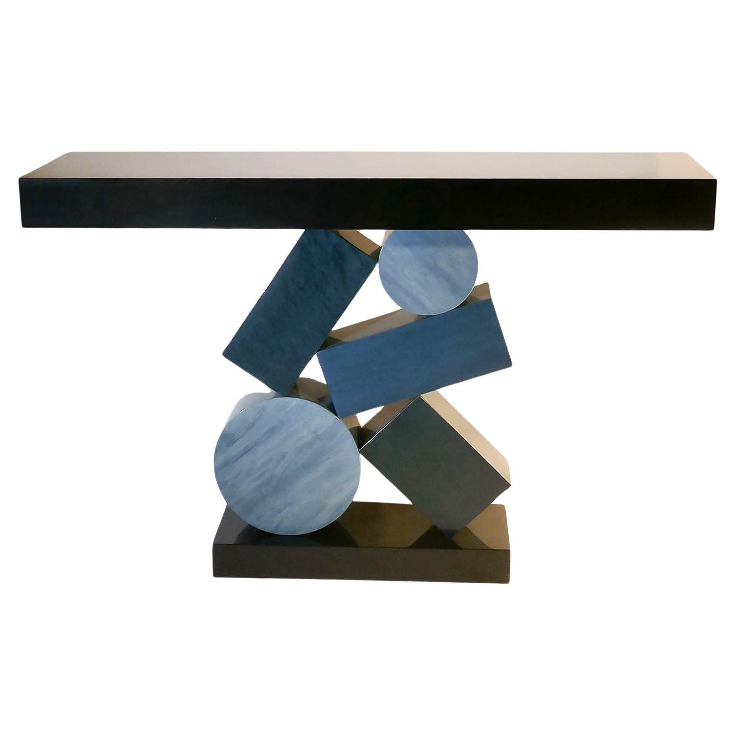 New Custom Made Console in Blue and Black Tinded Marquetry By Aymeric Lefort