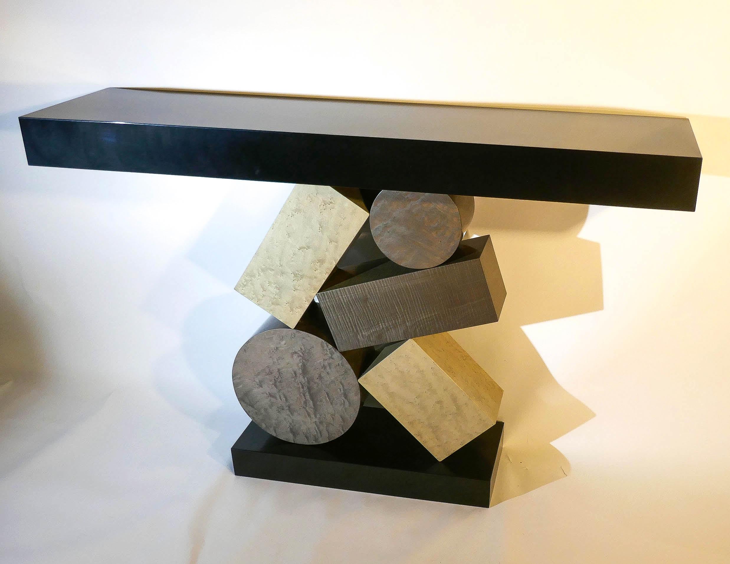 European New Custom Made Console in grey and Black Tinded Marquetry By Aymeric Lefort For Sale