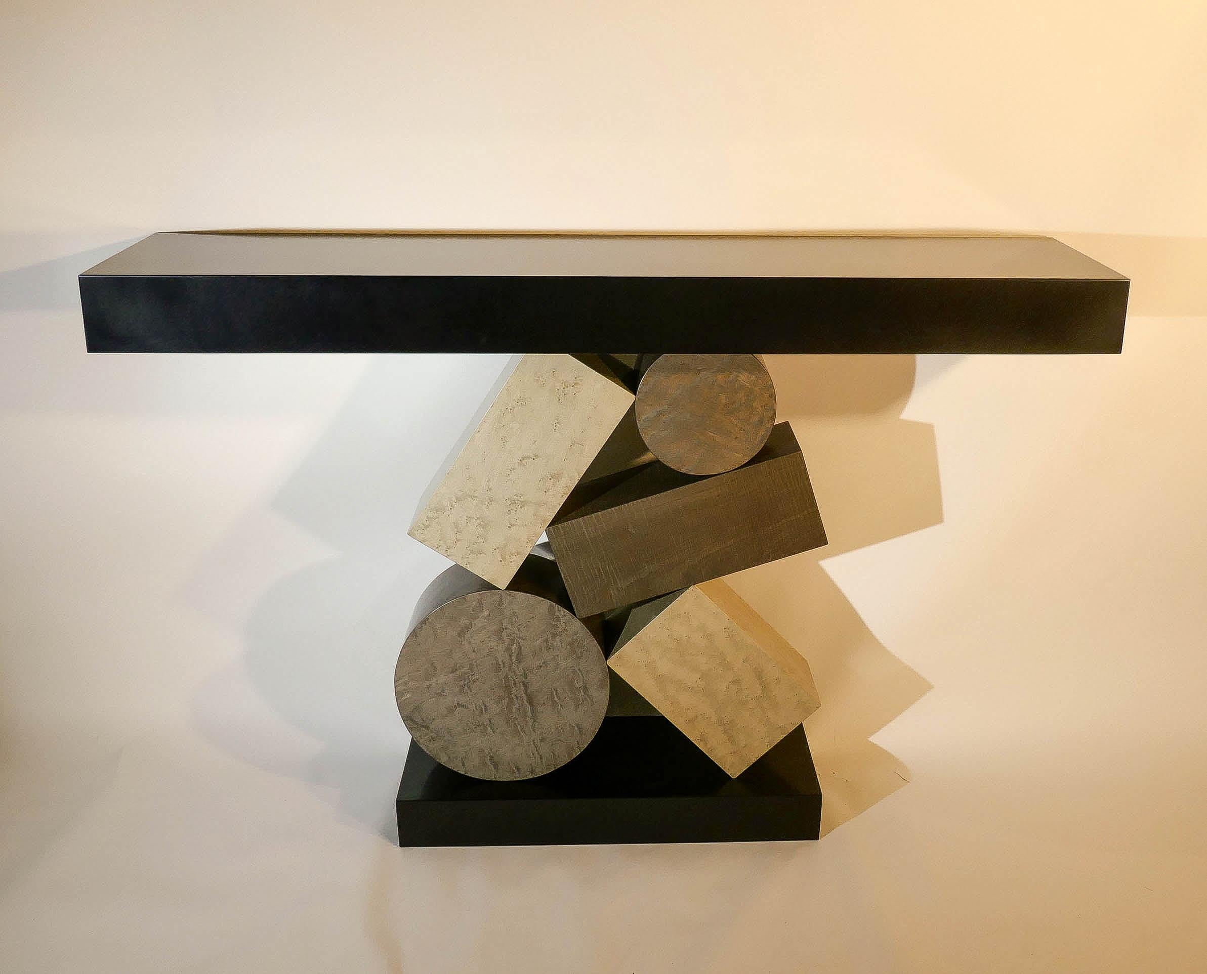 Blackened New Custom Made Console in grey and Black Tinded Marquetry By Aymeric Lefort For Sale