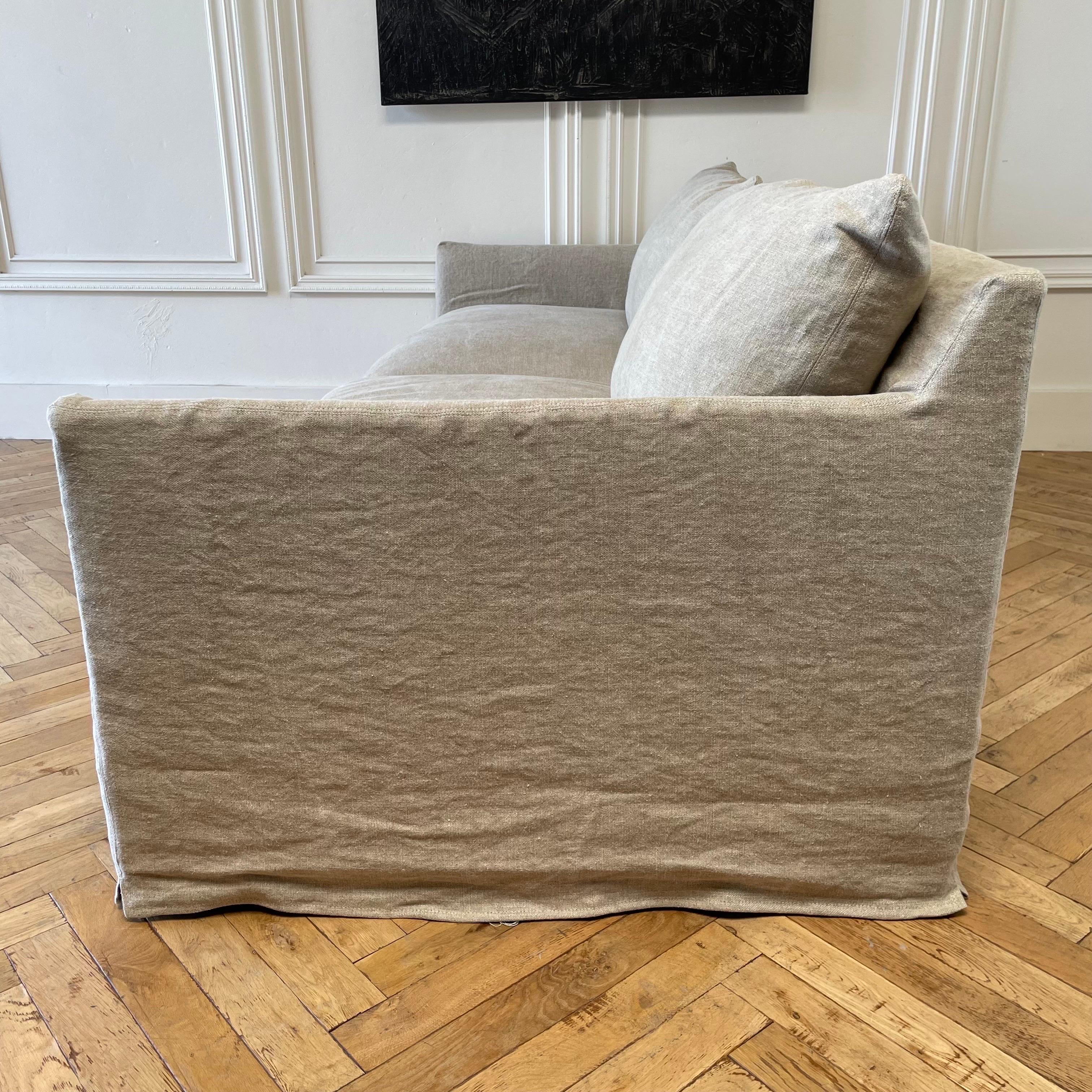 New Custom Stone Washed Irish Linen Slip Covered Sofa with Down Alt Cushions For Sale 9