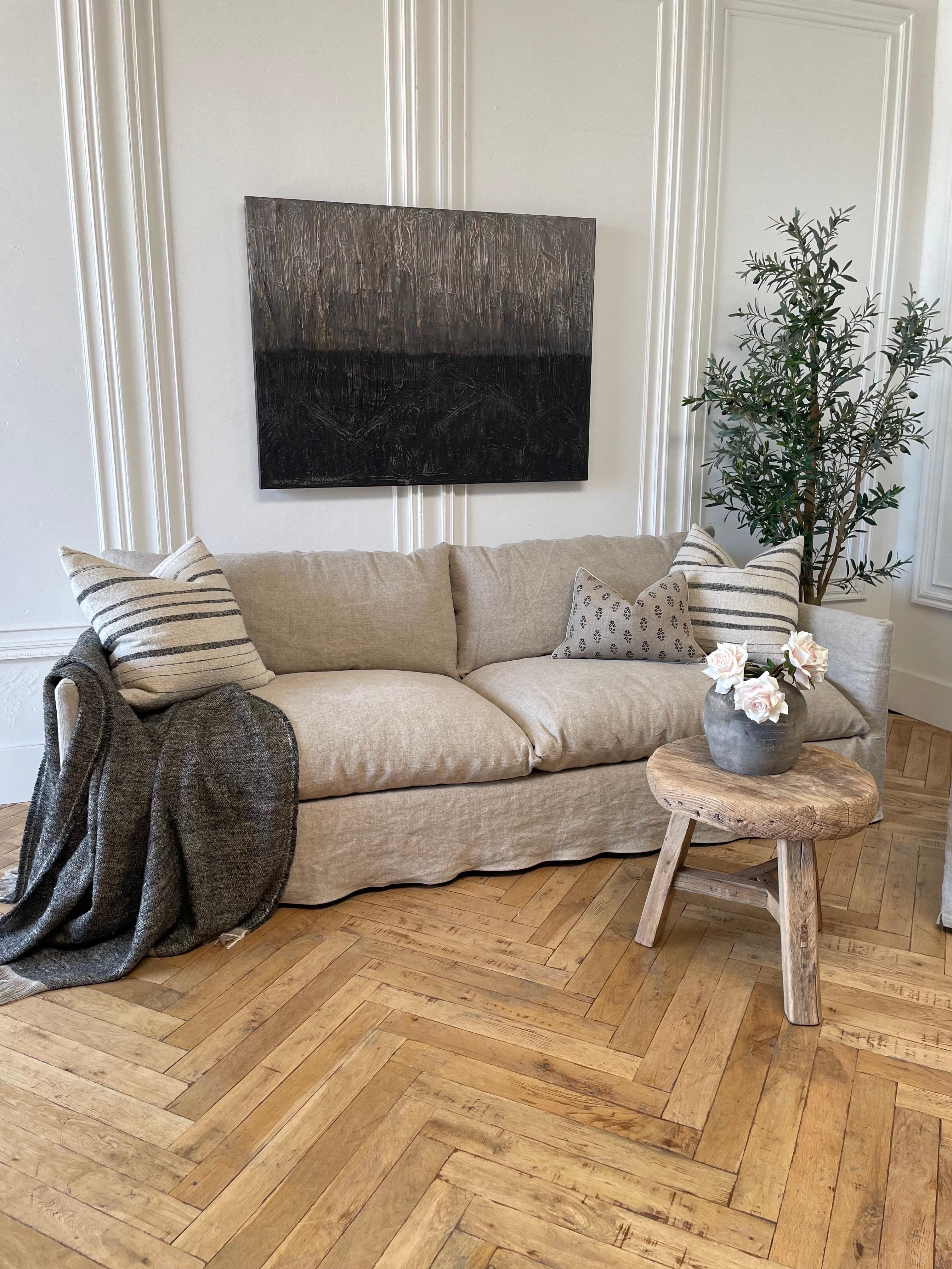 New Custom Stone Washed Irish Linen Slip Covered Sofa with Down Alt Cushions For Sale 10