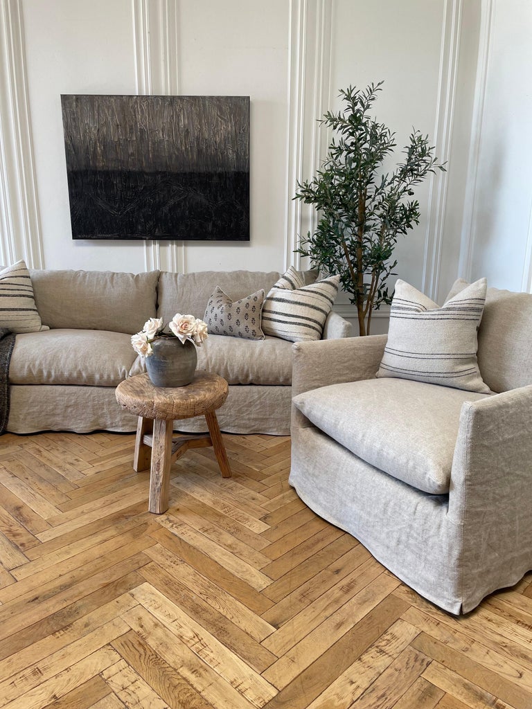 New Custom Stone Washed Irish Linen Slip Covered Sofa with Down Alt Cushions For Sale at 1stDibs