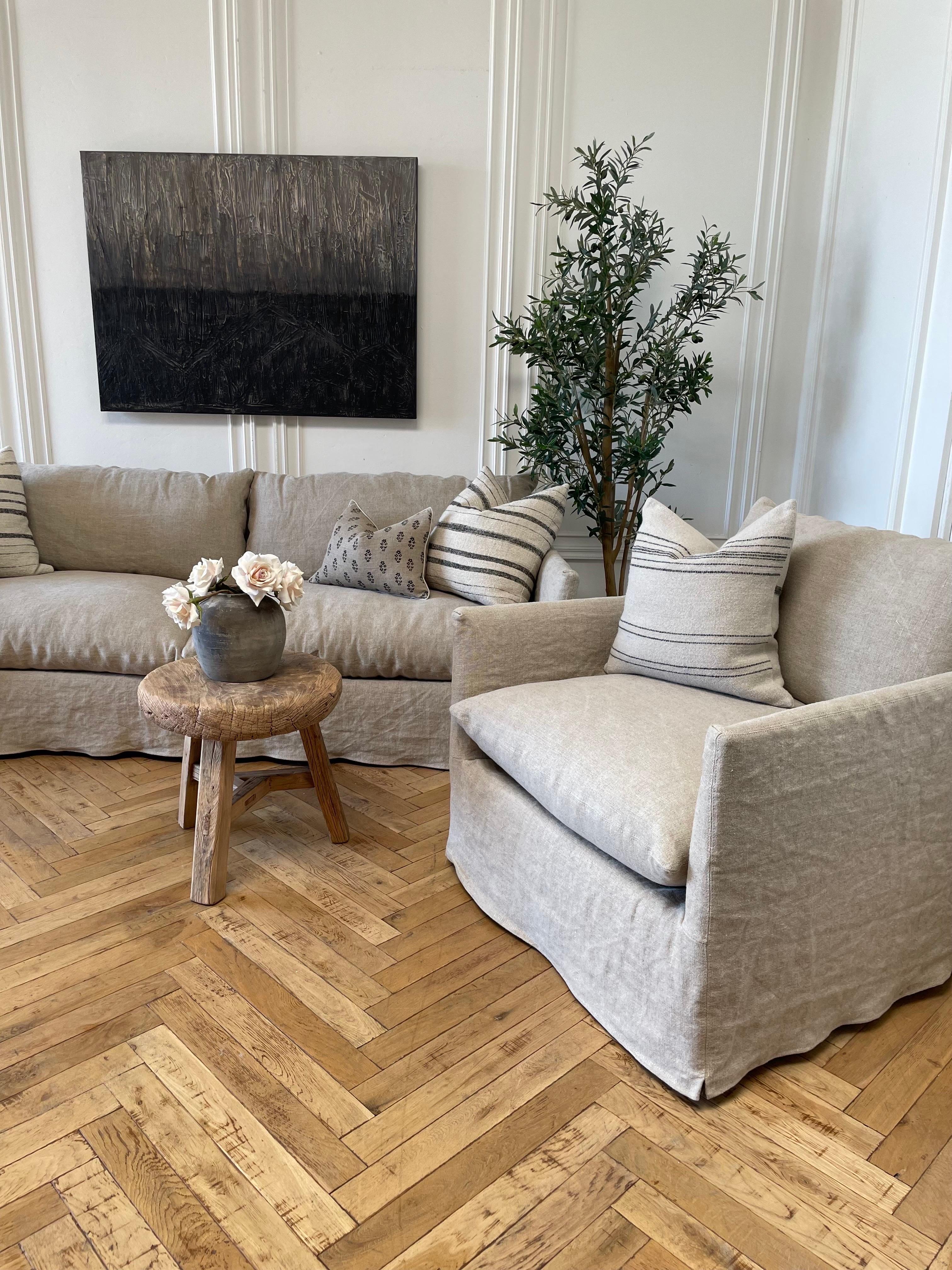 Contemporary New Custom Stone Washed Irish Linen Slip Covered Sofa with Down Alt Cushions For Sale