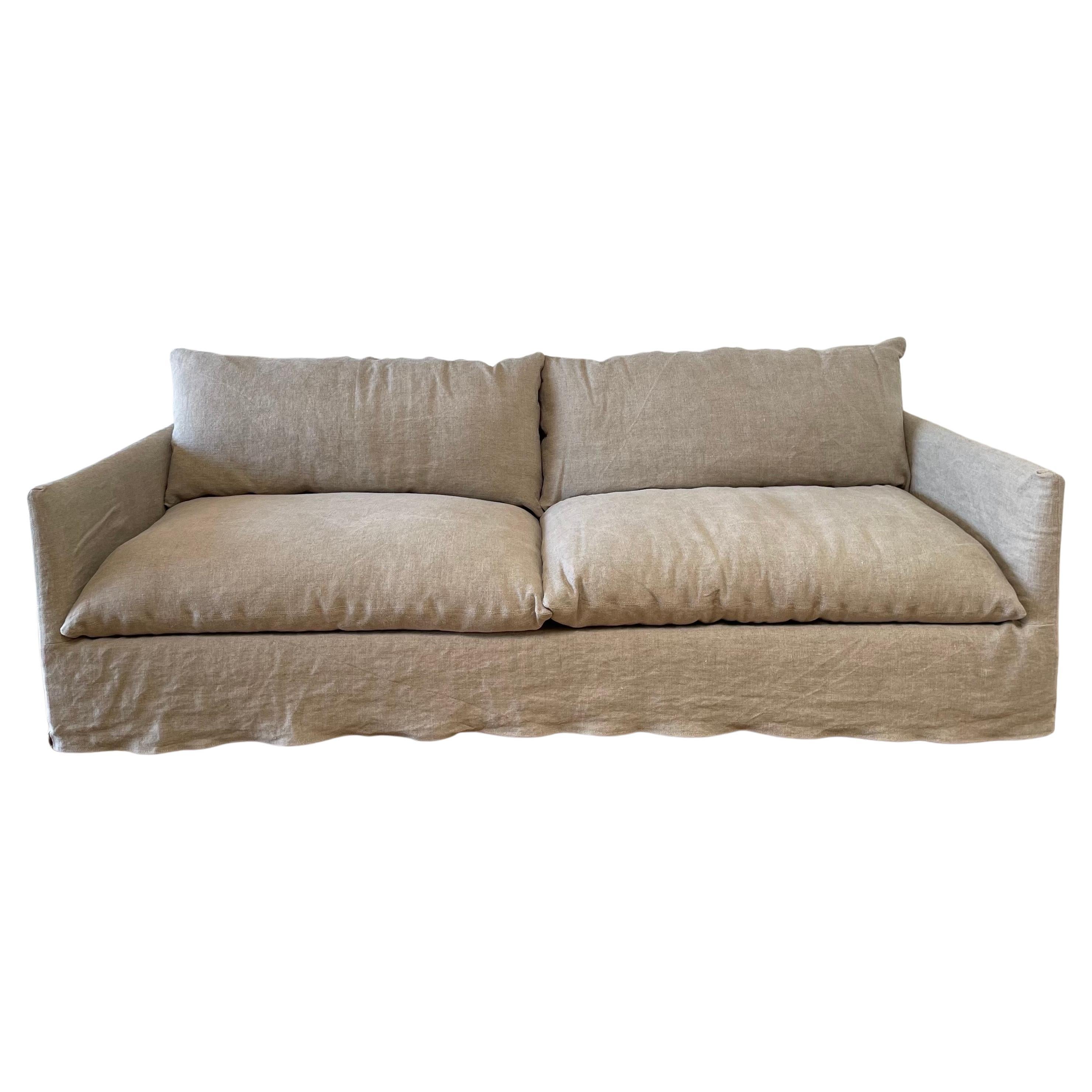 New Custom Stone Washed Irish Linen Slip Covered Sofa with Down Alt Cushions For Sale 4