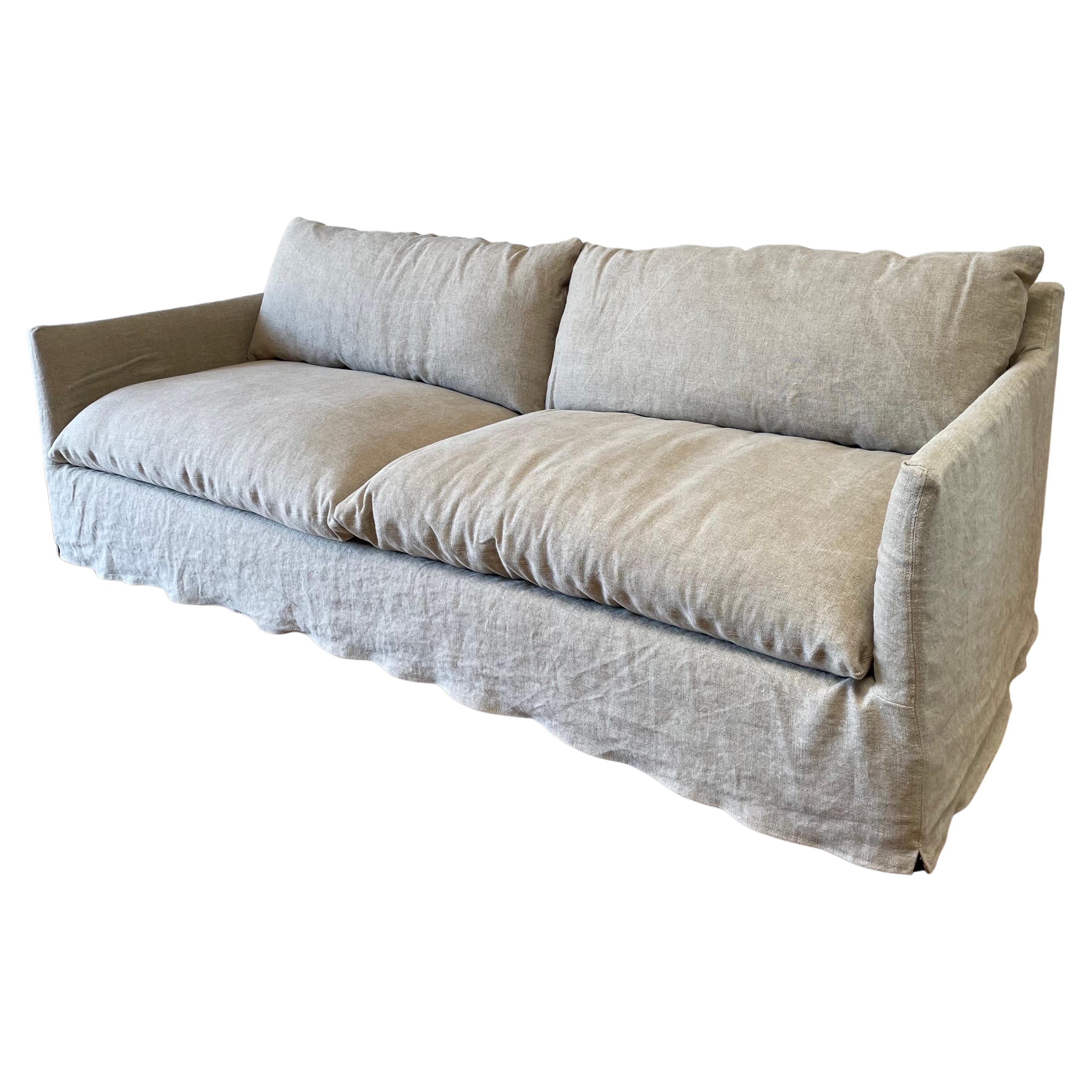 New Custom Stone Washed Irish Linen Slip Covered Sofa with Down Alt Cushions