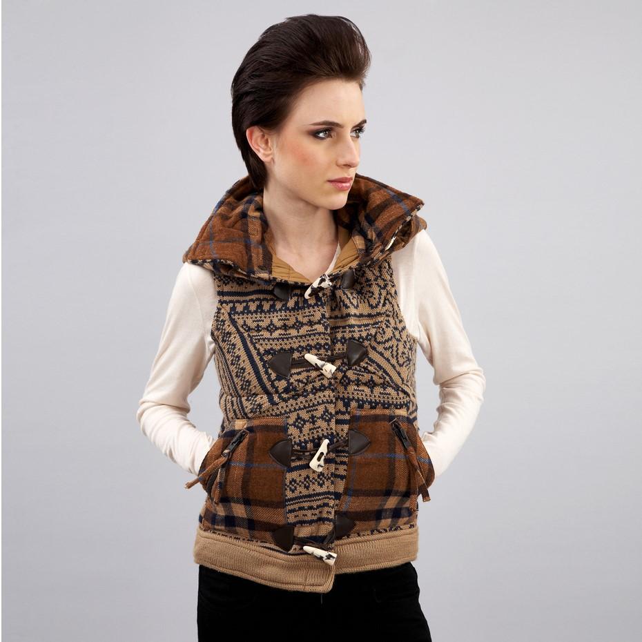 Marron Da-Nang - Gilet en laine tricotée avec capuche détachable, petit modèle, état neuf en vente
