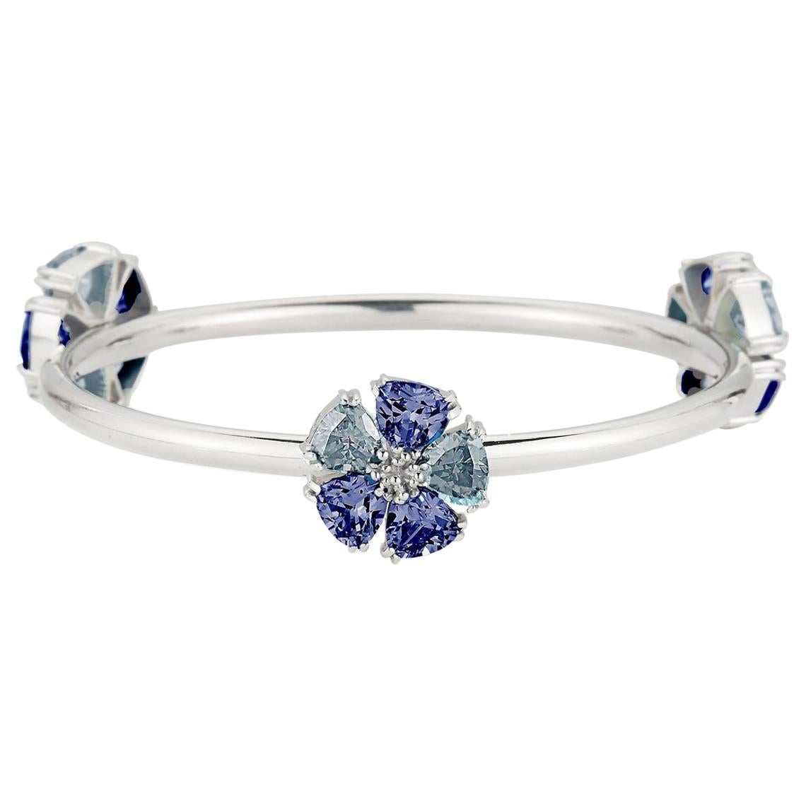 Dark Blue and Light Blue Sapphire Triple Blossom Mixed Stone Bangle Bracelet For Sale