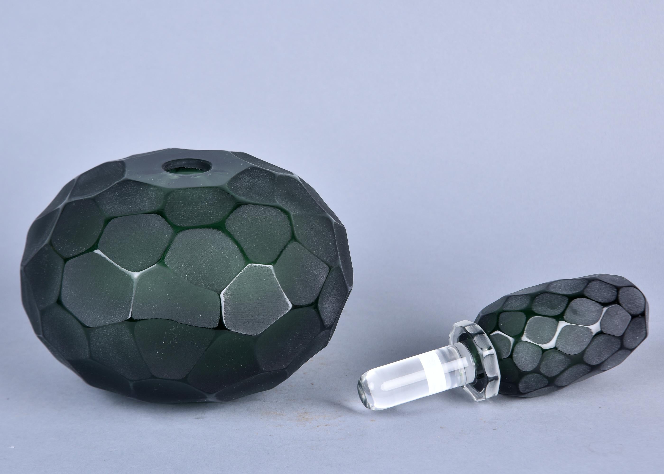 New Dark Green Murano Glass Battuto Perfume Bottle  For Sale 1