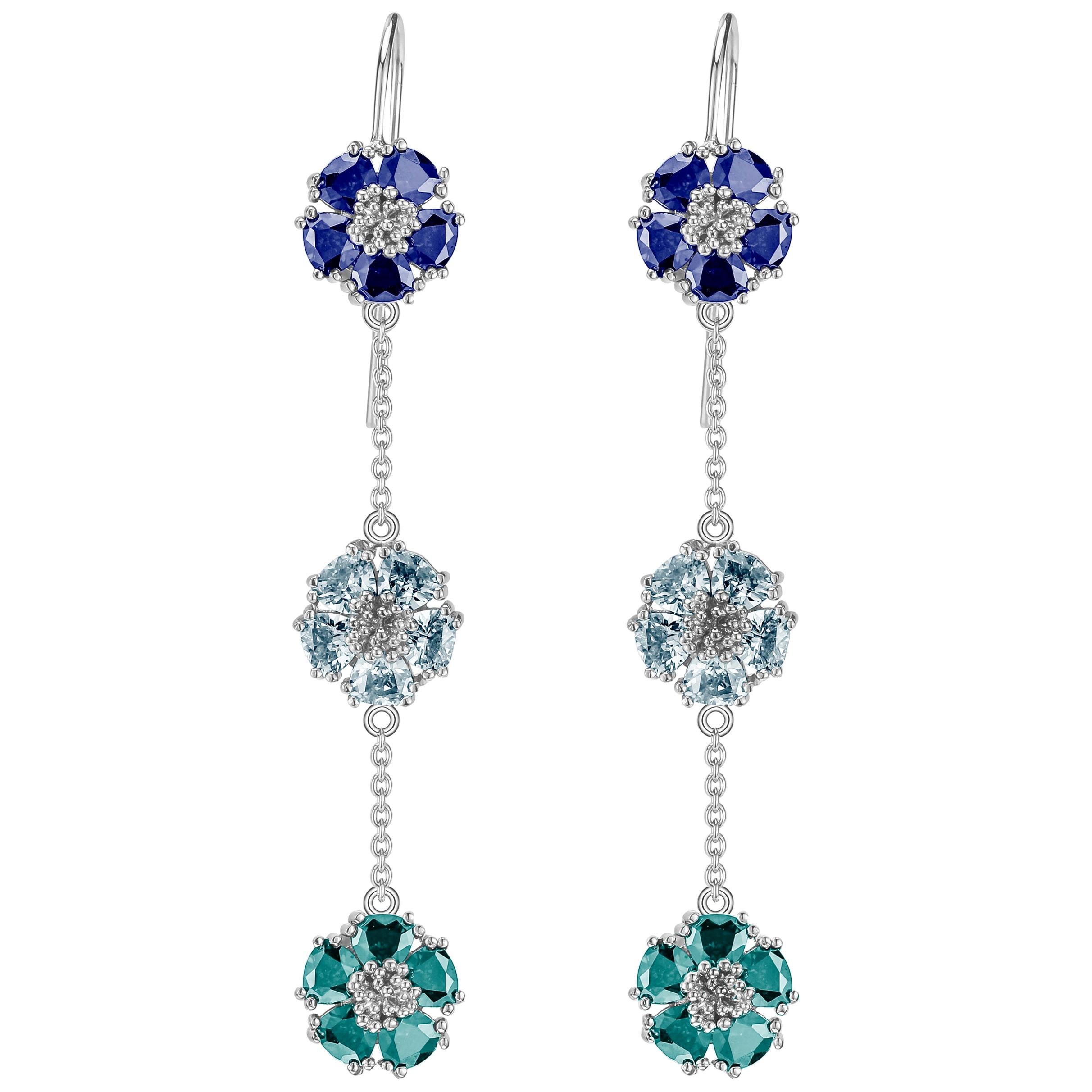 Dark and Light Blue Sapphire and Aquamarine Blossom Gentile Chandelier Earrings For Sale