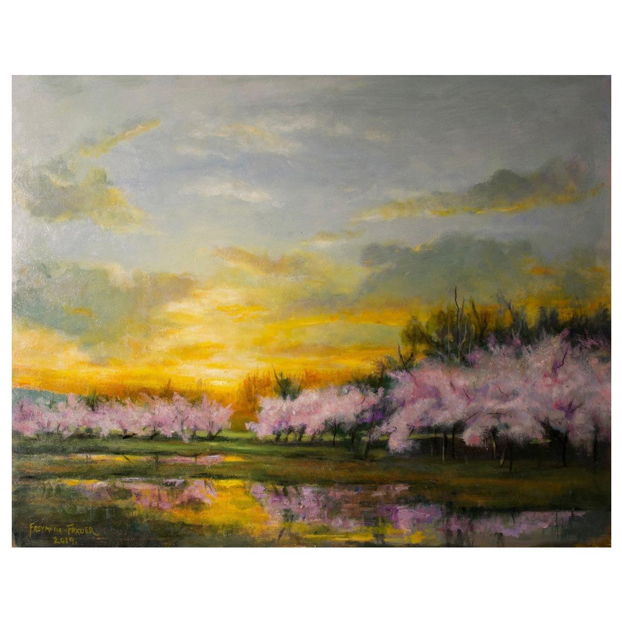New Dawn, Cherry Blossoms and Spring Sky, Soft Romantic Colors, Original Oil