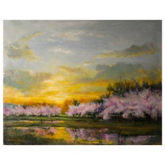 New Dawn, Cherry Blossoms and Spring Sky, Soft Romantic Colors, Original Oil