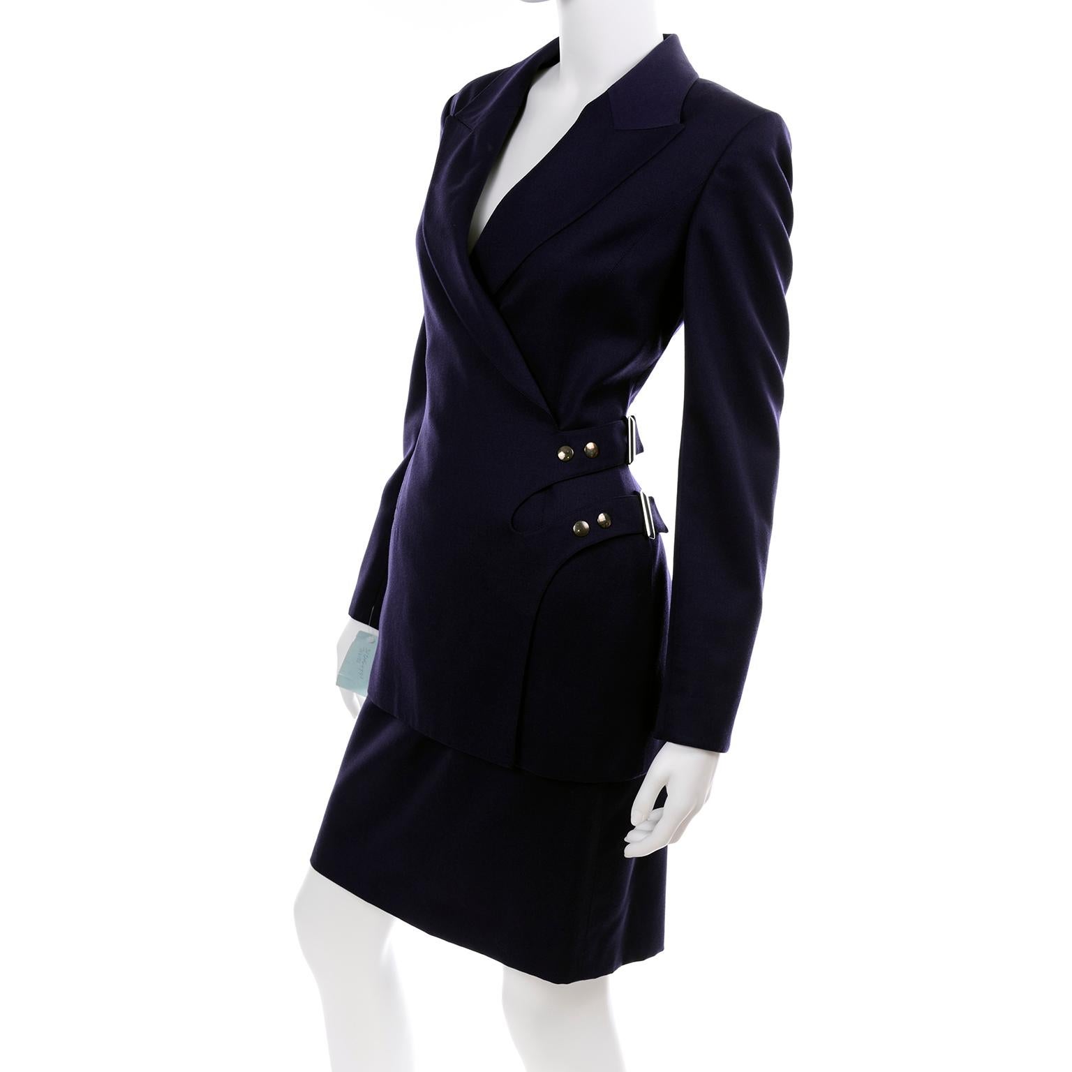 Women's New Deadstock Claude Montana Vintage Blue 2 Piece Skirt & Jacket Suit Sz 46/12