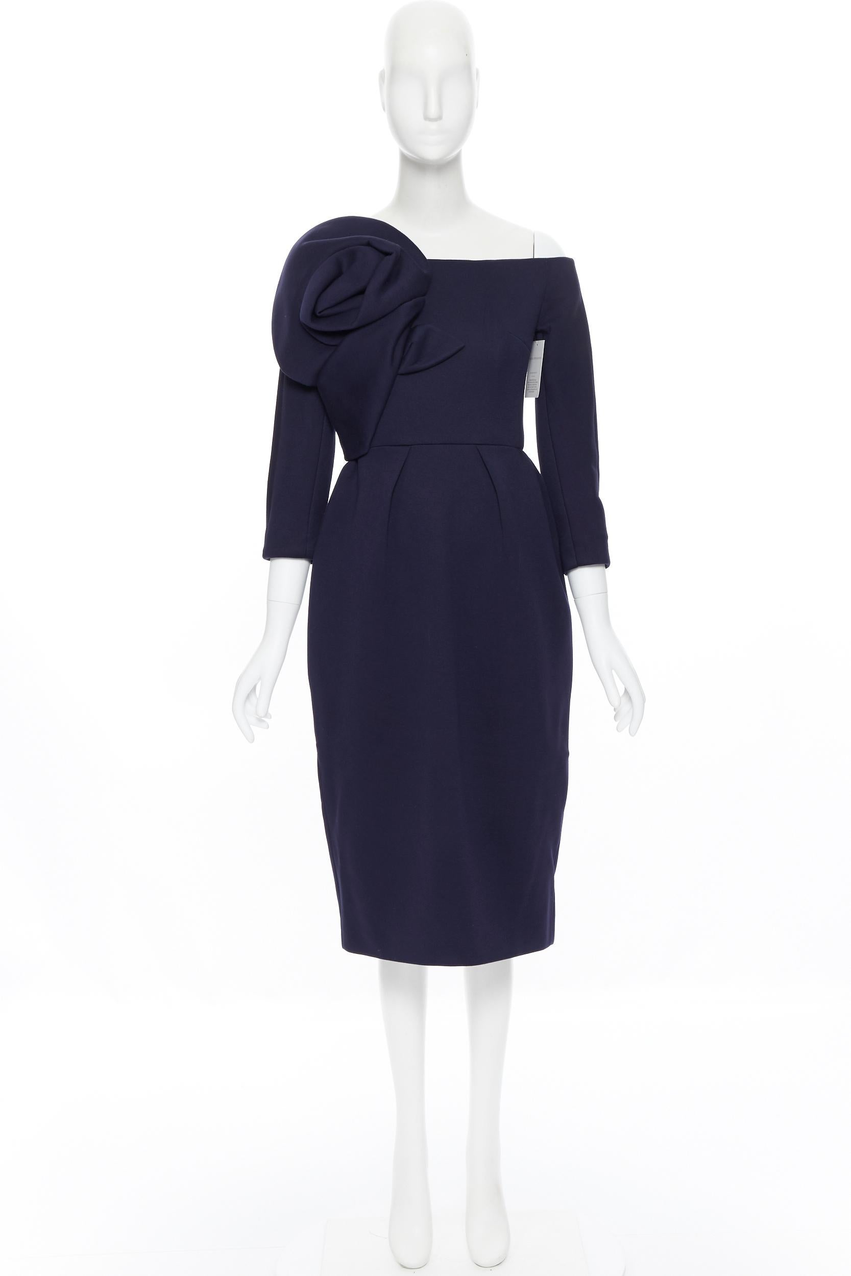 Black new DELPOZO navy jersey crepe large floral asymmetric neckline dress FR34 XS