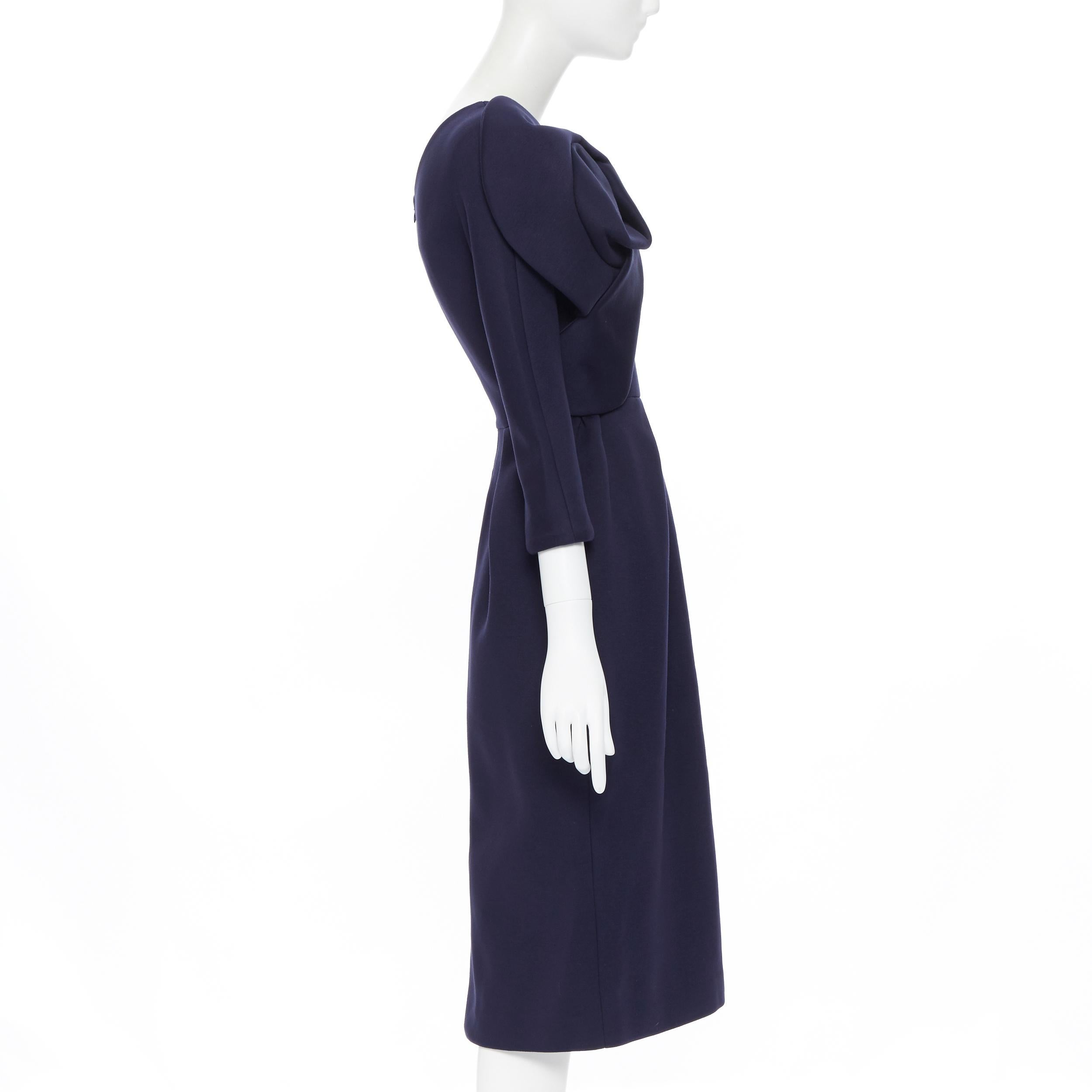 Women's new DELPOZO navy jersey crepe large floral asymmetric neckline dress FR34 XS