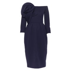 new DELPOZO navy jersey crepe large floral asymmetric neckline dress FR34 XS