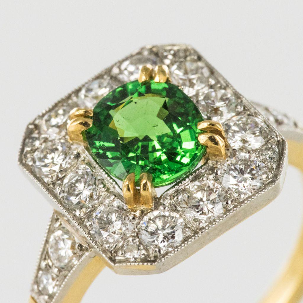 Art Deco Demantoid Garnet Diamond Platinum Gold Ring