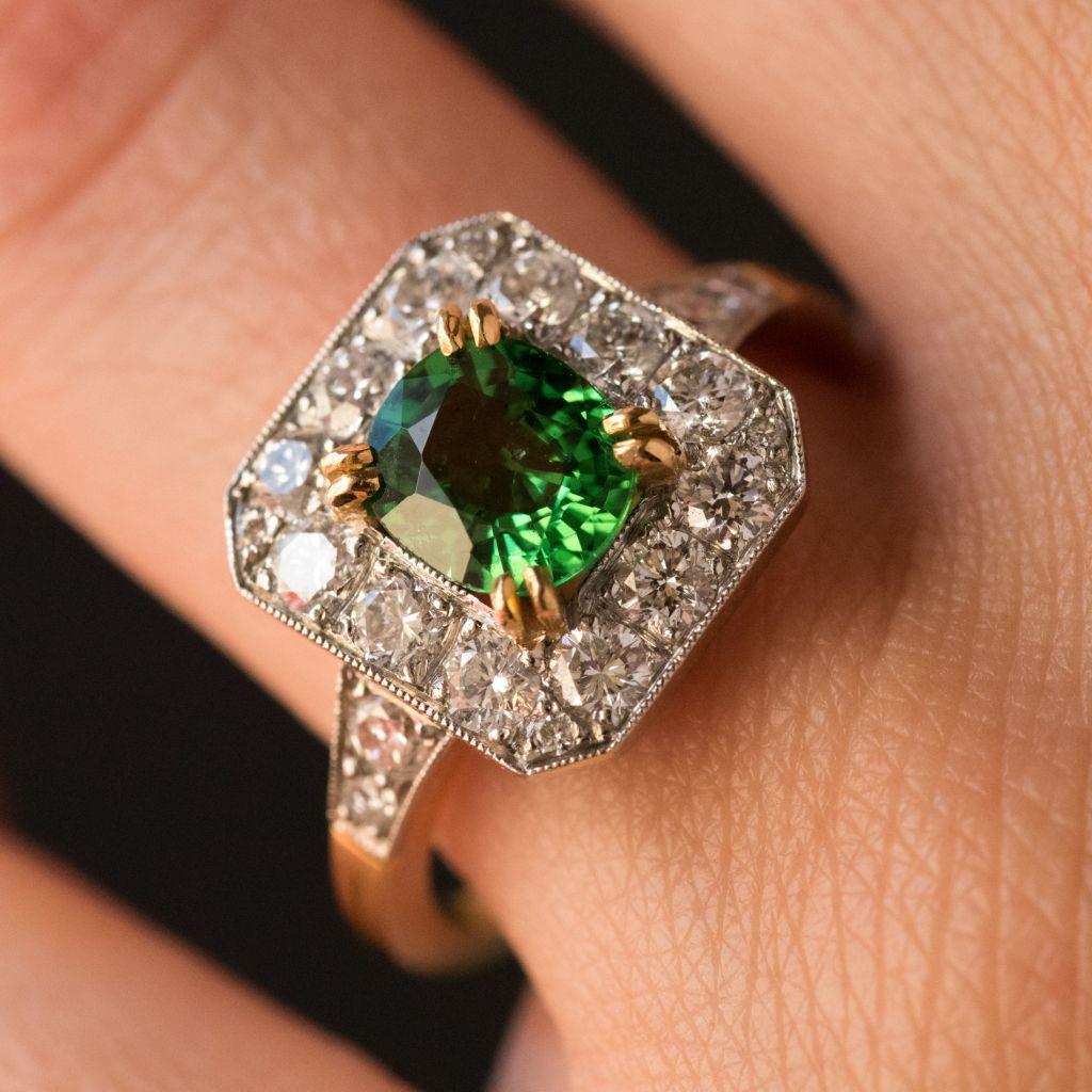 Demantoid Garnet Diamond Platinum Gold Ring In New Condition In Poitiers, FR