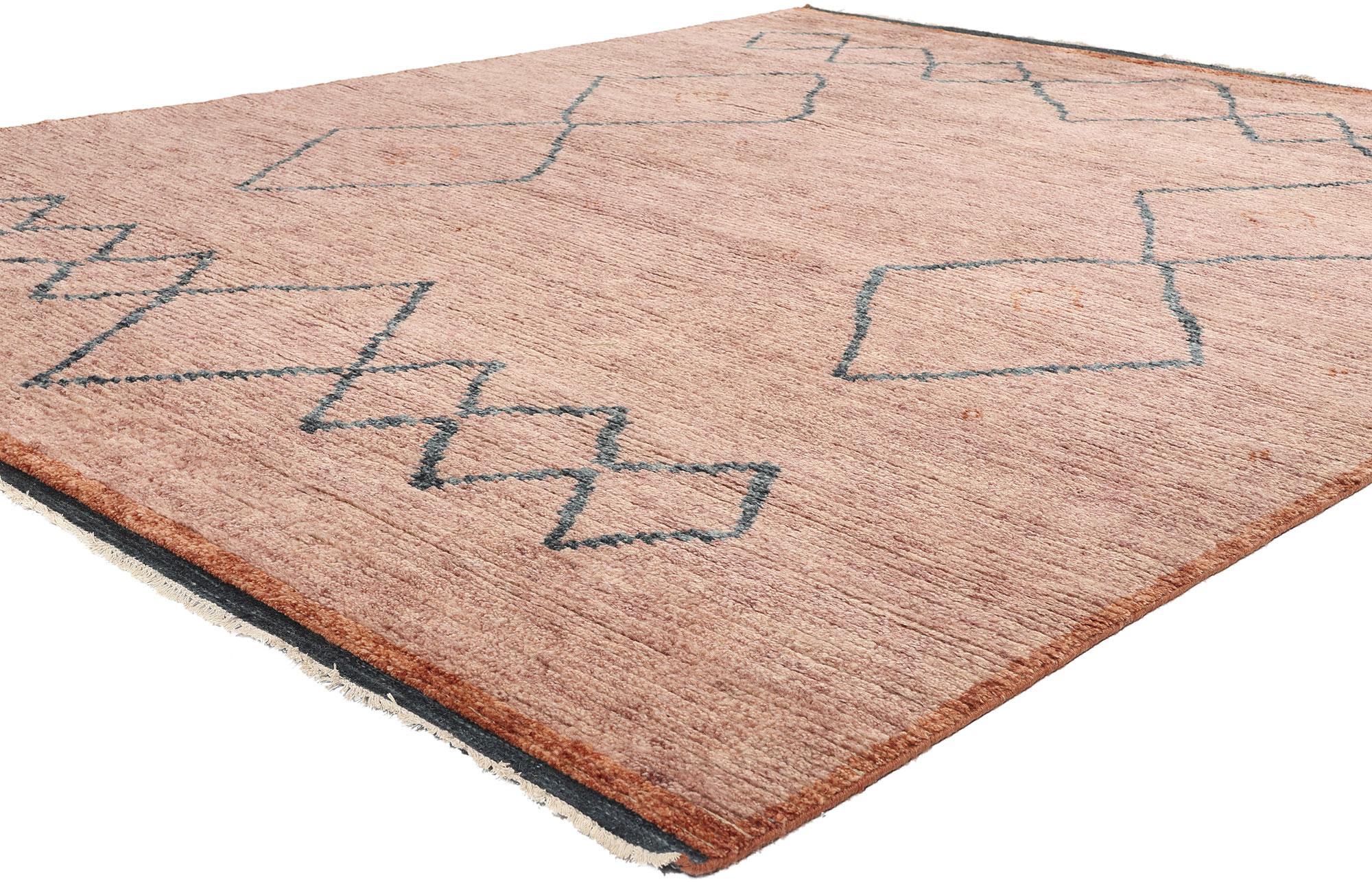 31199 New Desert Blush Modern Pink Moroccan Rug, 08'04 x 10'03. This hand-knotted wool Desert Blush Modern Pink Moroccan rug embodies a delicate fusion of earthy rose tones and contemporary elegance, capturing the serene essence of a modern desert