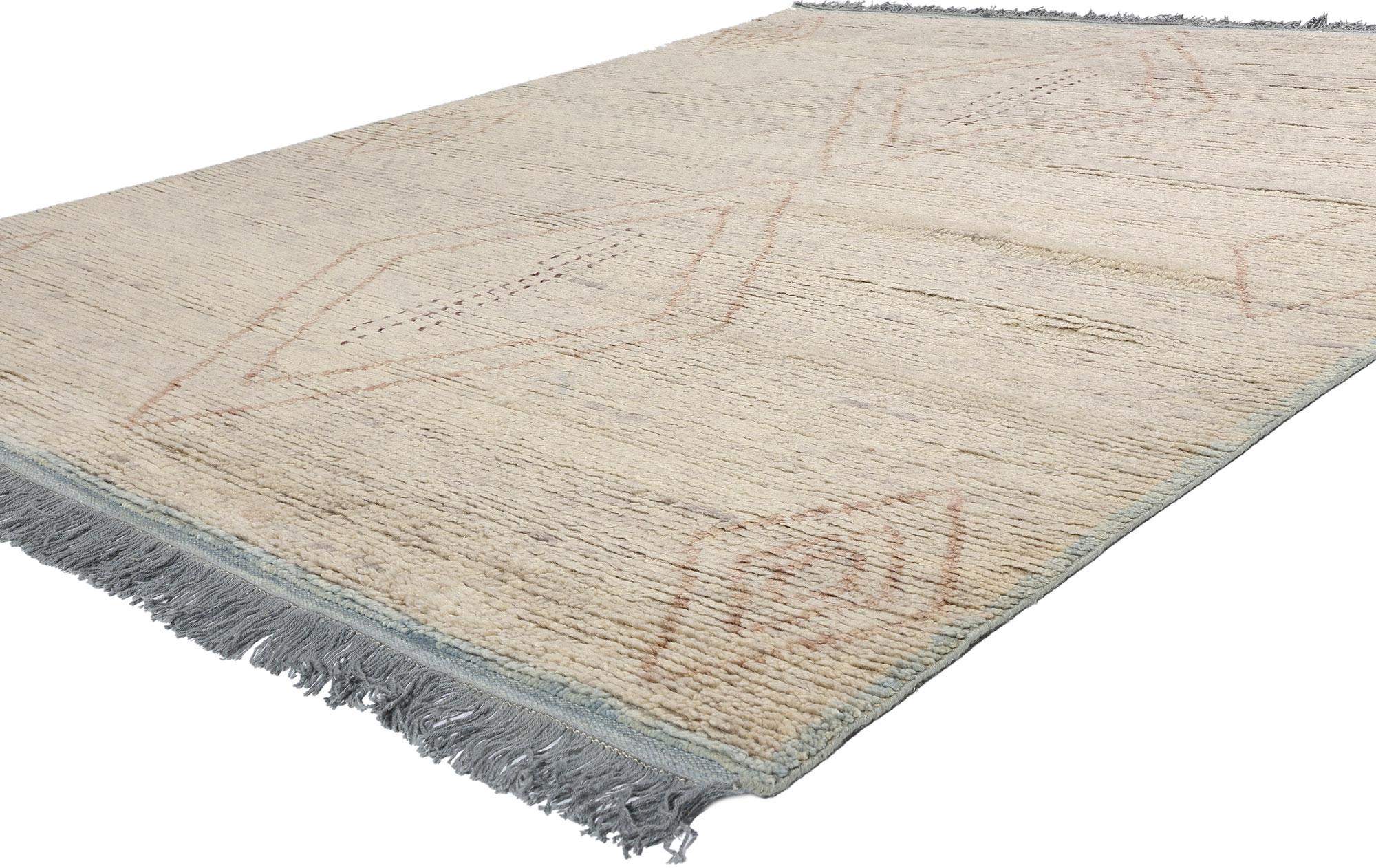 31242 New Desert Dreamscapes Modern Moroccan Rug, 08'04 x 10'03. The Desert Dreamscape Modern Moroccan Rug is a mesmerizing fusion of Moroccan design and contemporary elegance. Hand-knotted with fine wool, the rug features a serene light gray