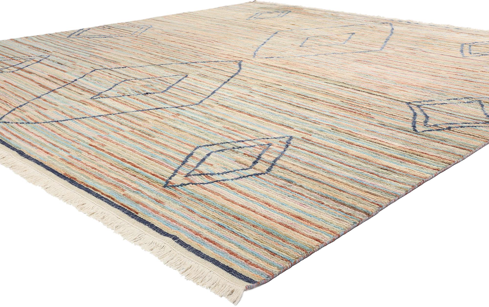 31286 New Desert Mirage Tappeto moderno marocchino a righe, 09'11 x 10'04. Questo tappeto marocchino moderno a righe Desert Mirage, annodato a mano, è una miscela mozzafiato di stile marocchino contemporaneo e arte indiana senza tempo. La