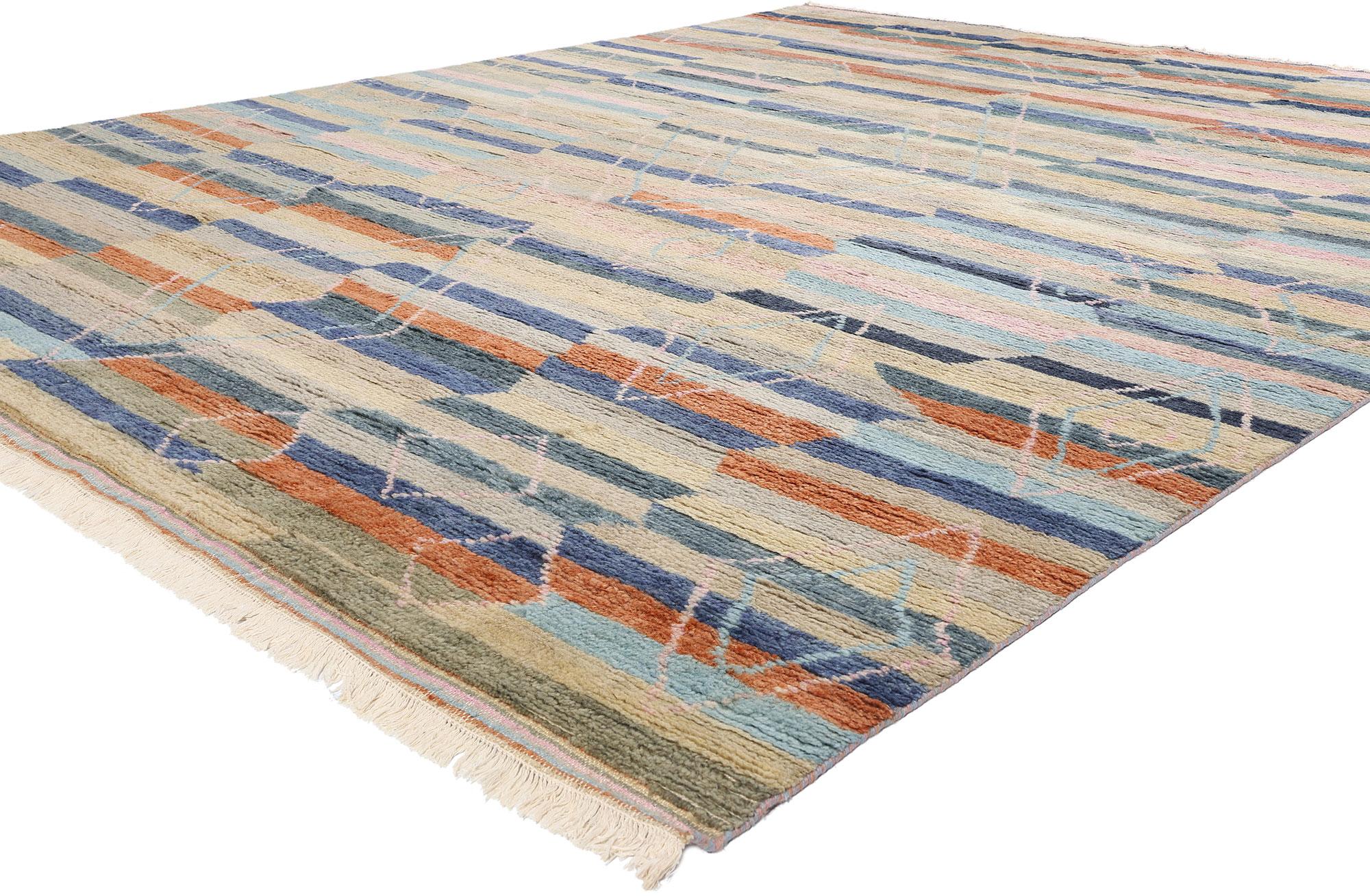 31252 New Desert Spectrum Tapis marocain moderne, 09'06 x 12'00. Ce tapis marocain moderne Desert Spectrum en laine nouée à la main est une vision captivante qui allie harmonieusement tradition et design contemporain. La composition rayée de ce