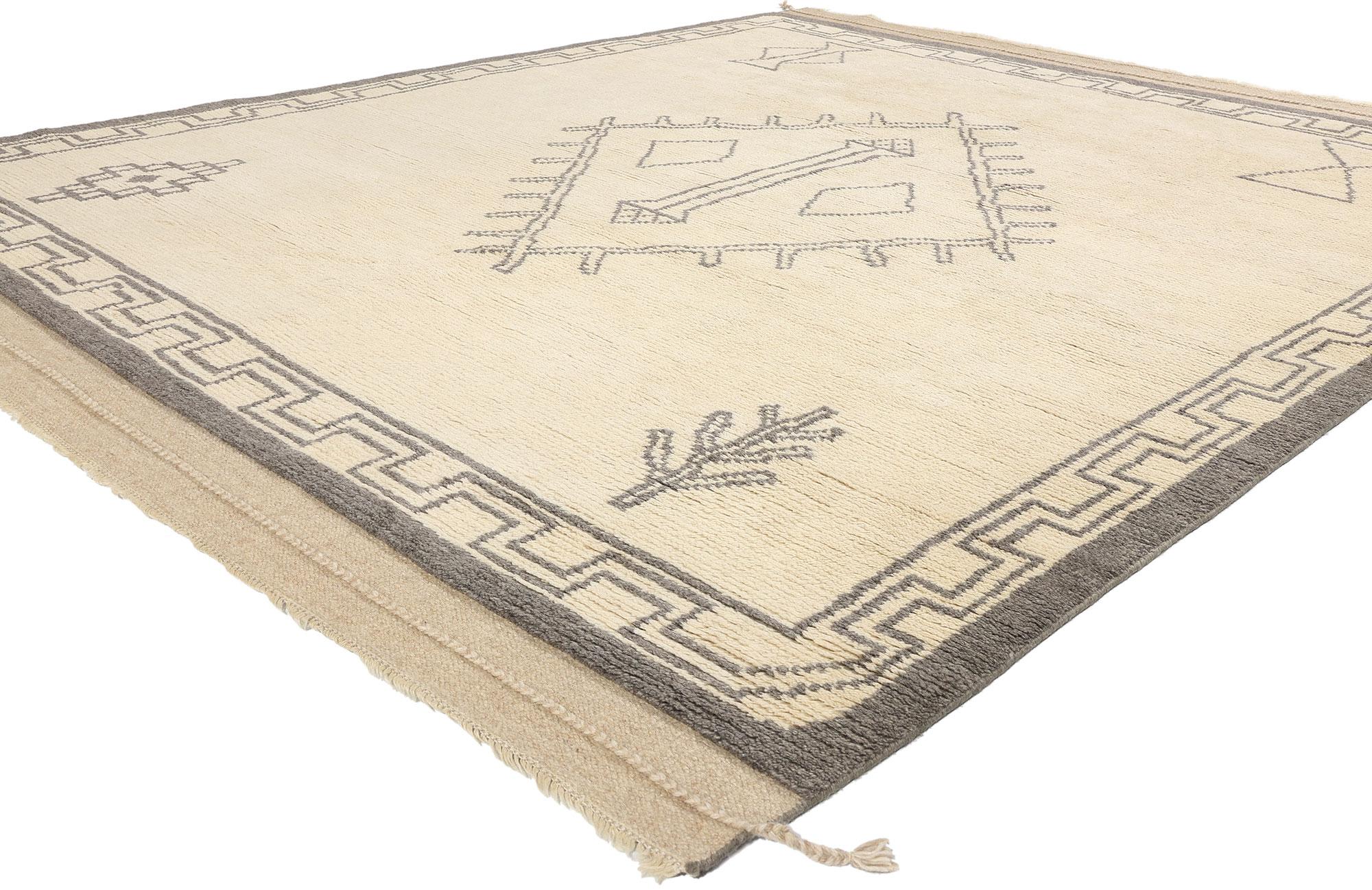 31198 New Tribal Tranquility Tappeto marocchino moderno, 08'02 x 09'10. Questo tappeto marocchino Modern in lana annodato a mano è una serena incarnazione dell'artigianato tribale contemporaneo, progettato per evocare un senso di calma ed
