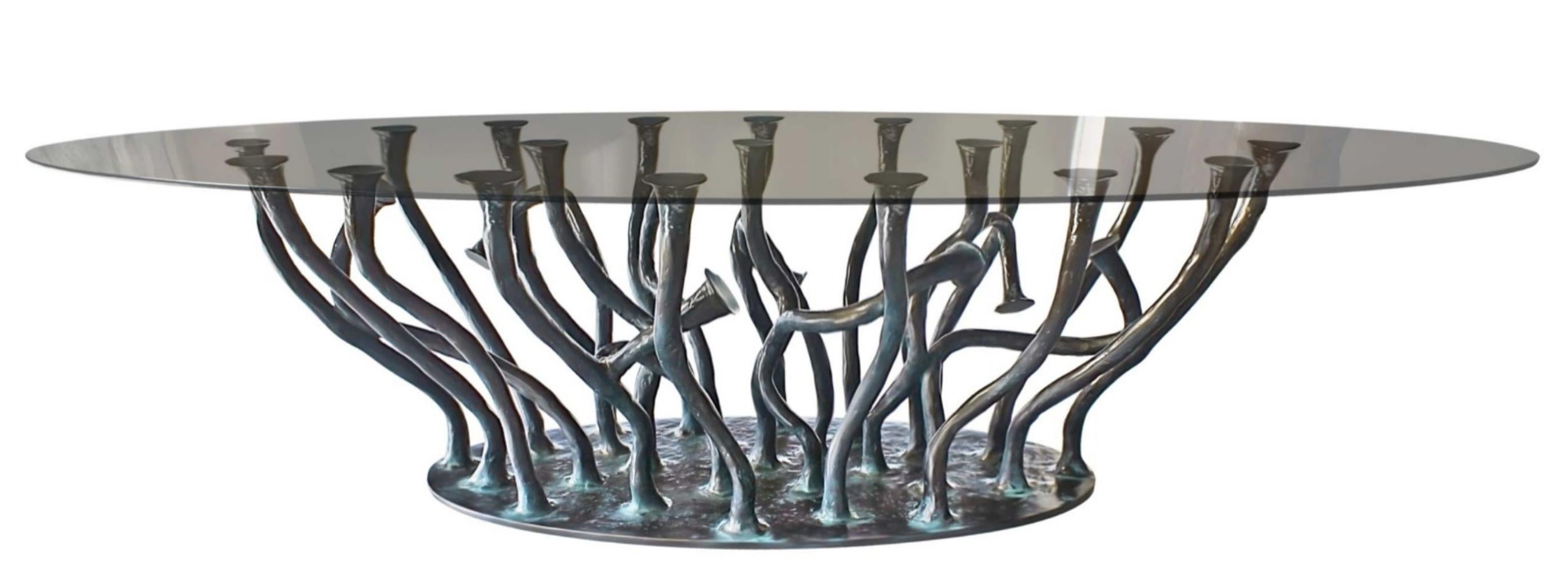 Hand-Crafted New Design Bronze Glass Dining Table for 10/12 Persons For Sale